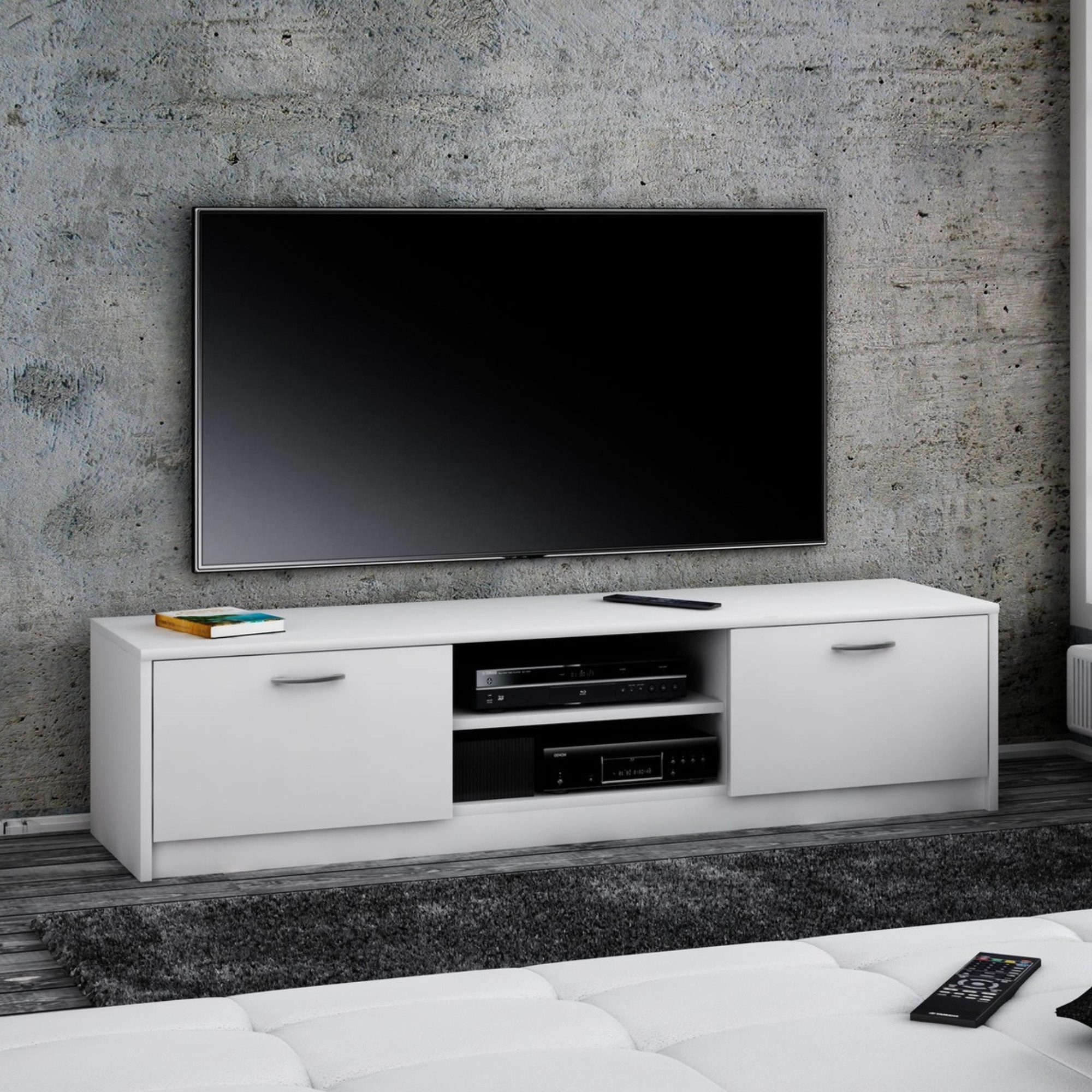 Home Collective TV-Schrank 160cm breit Lowboard mit matter Oberfläche Fernsehtisch (abgerundete Kante und Metall-Rollschienen Fernsehkommode) mit 2 Türen und 2 Regalen, aus laminiertem Board weiß