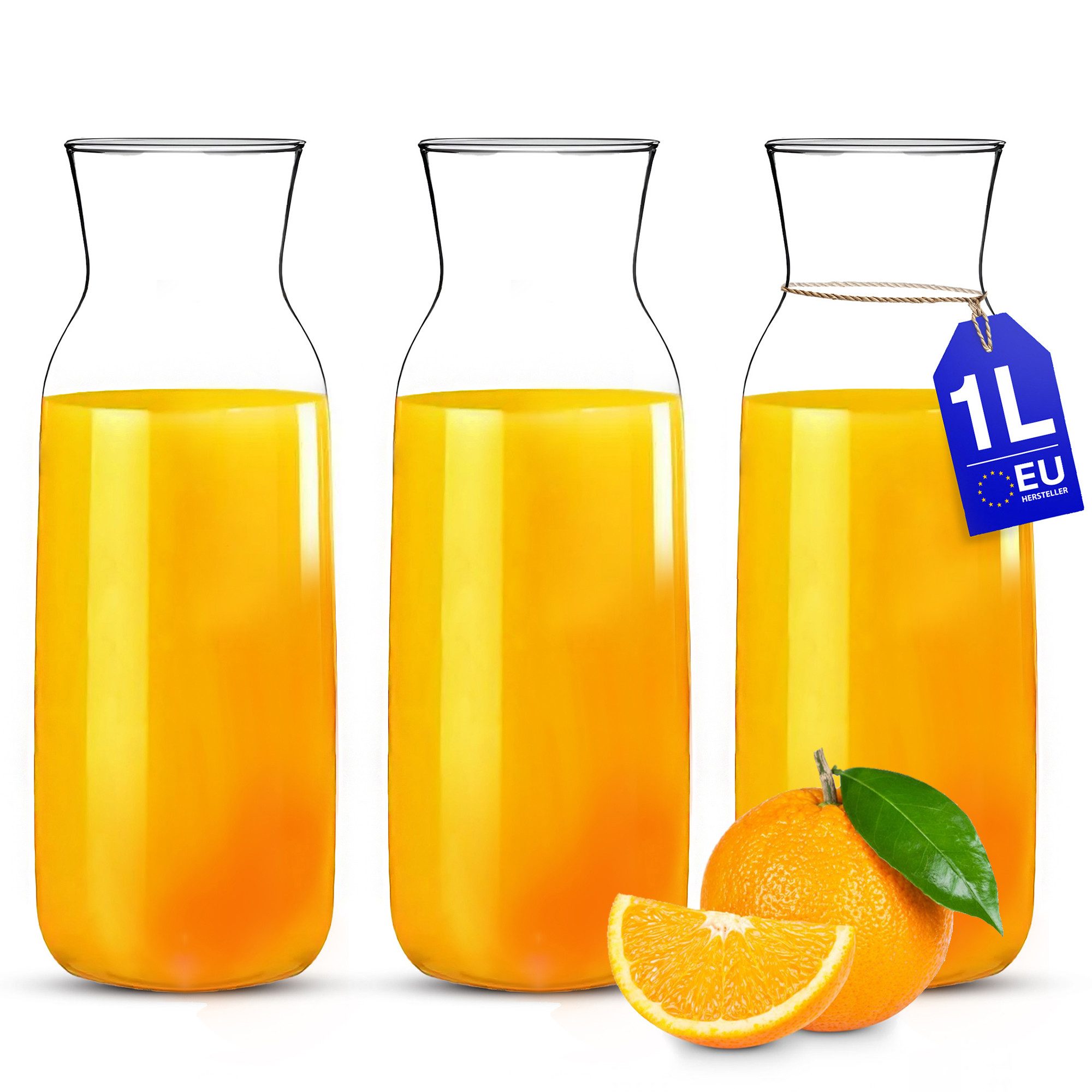 KONZEPT Wasserkaraffe Karaffe Glaskaraffe Transparente 1 Liter, (3-tlg), ideal für Wasser, Saft, Wein, Limonade, Coctails und Milch