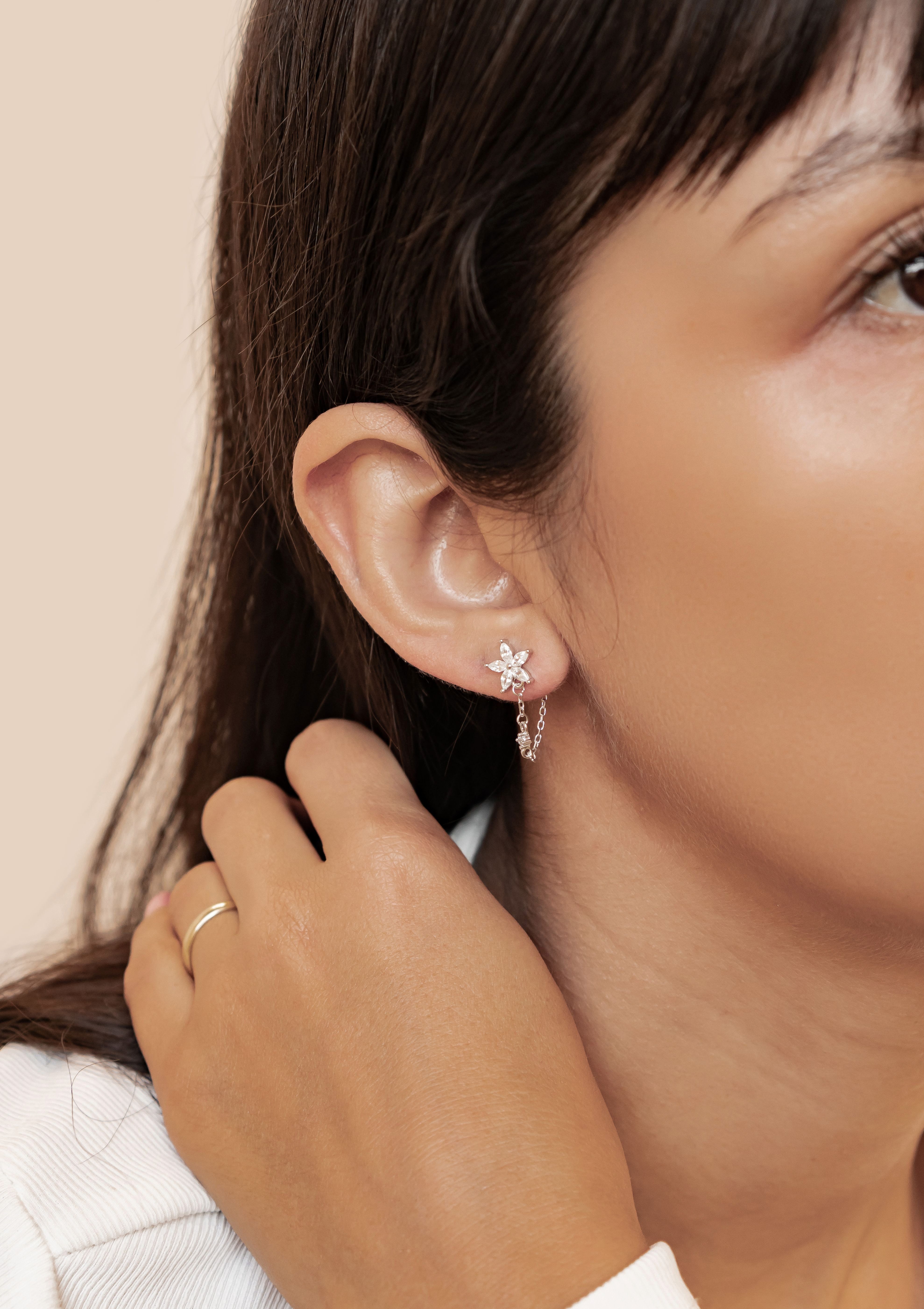 Hey Happiness Paar Ohrhänger Zirkonia Blumen Kettenohrringe, 925 Silber, Feine Hängeohrringe mit Kette vergoldet, Gold & Roségold