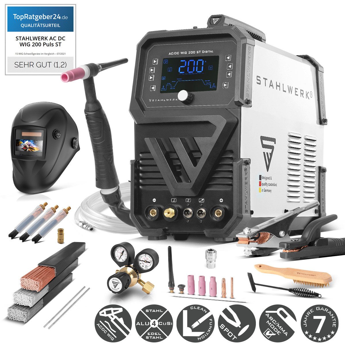 STAHLWERK Schutzgasschweißgerät Schweißgerät AC/DC WIG 200 ST Digital, 30 - 200 A, Packung, 1-tlg., Vollausstattung, Alu-geeigneter WIG MMA Inverter
