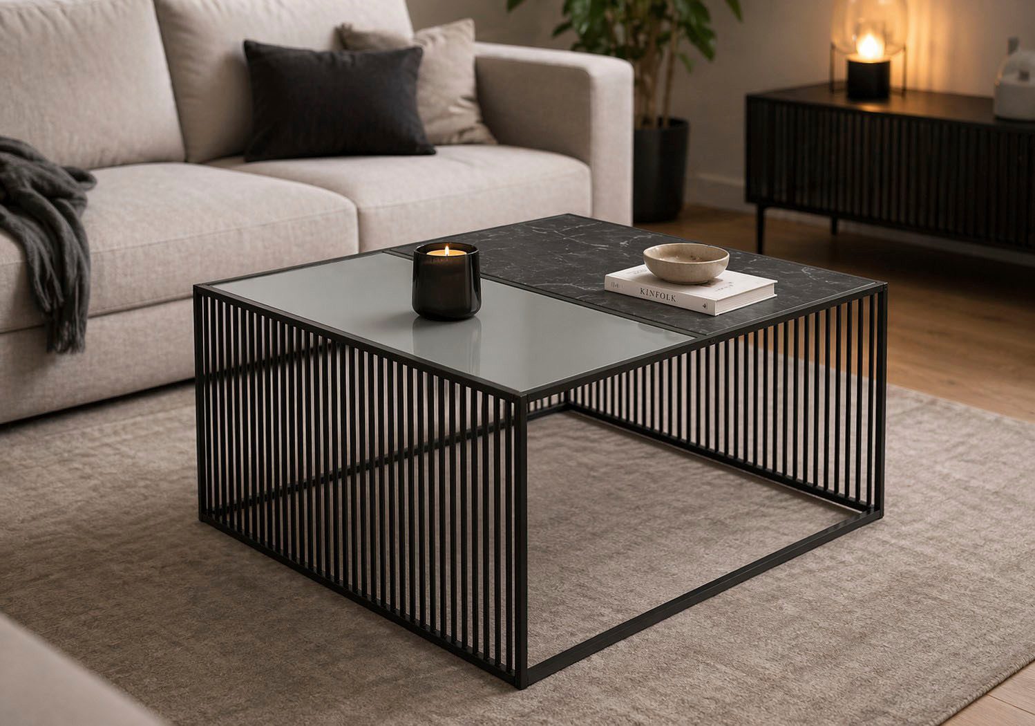 ACTONA GROUP Couchtisch Strington Sofatisch, TOPSELLER!, verschiedene Größen, pflegeleicht (Couchtisch, Beistelltisch, Kaffeetisch, OTTOs Choice), schwarze Marmoroptik, gehärtetem Glas, Metalllamellen, belastbar 20 kg