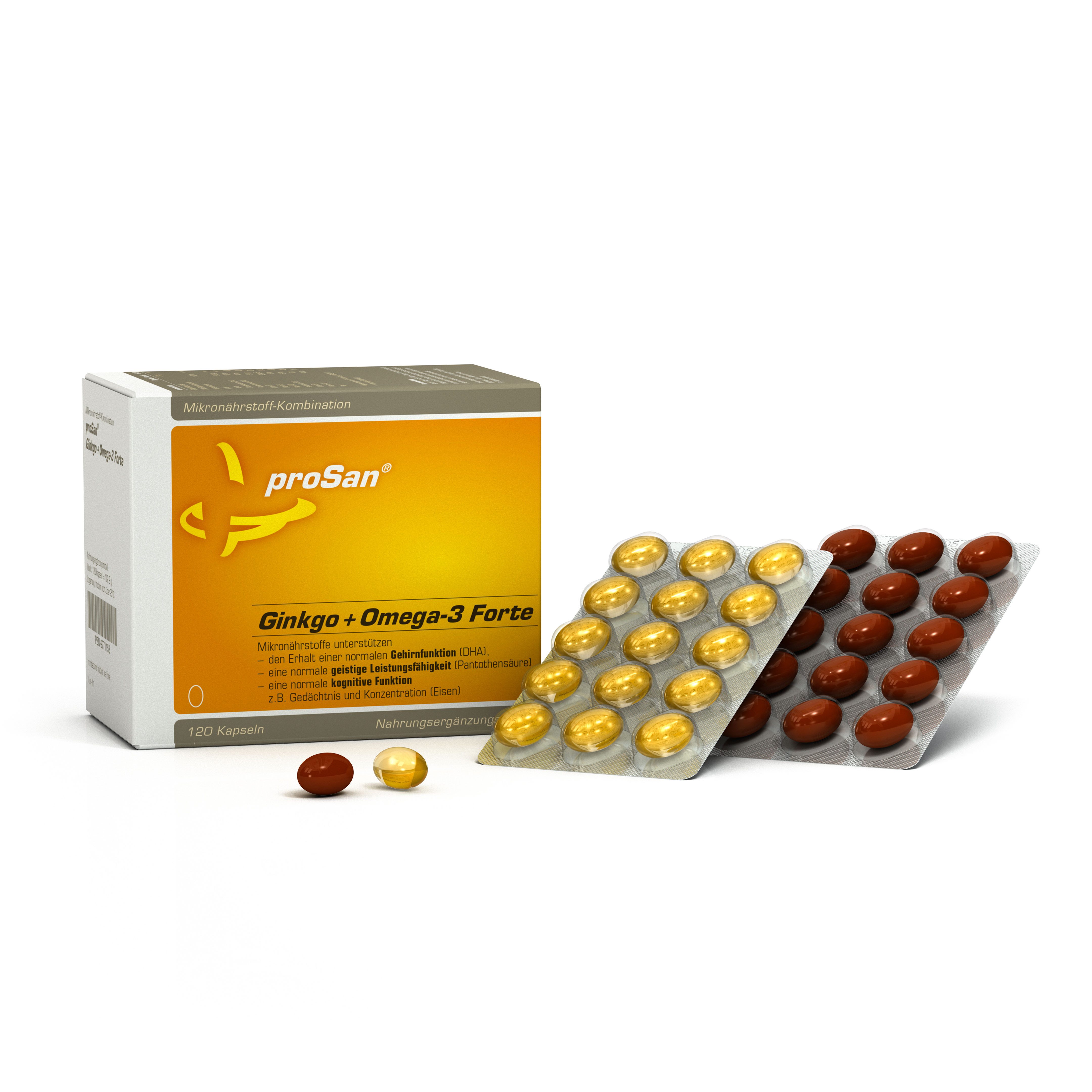 proSan Ginkgo + Omega-3 Forte, Gedächtniskapseln bei Vergesslichkeit, Kapseln, 120 St., 102 g