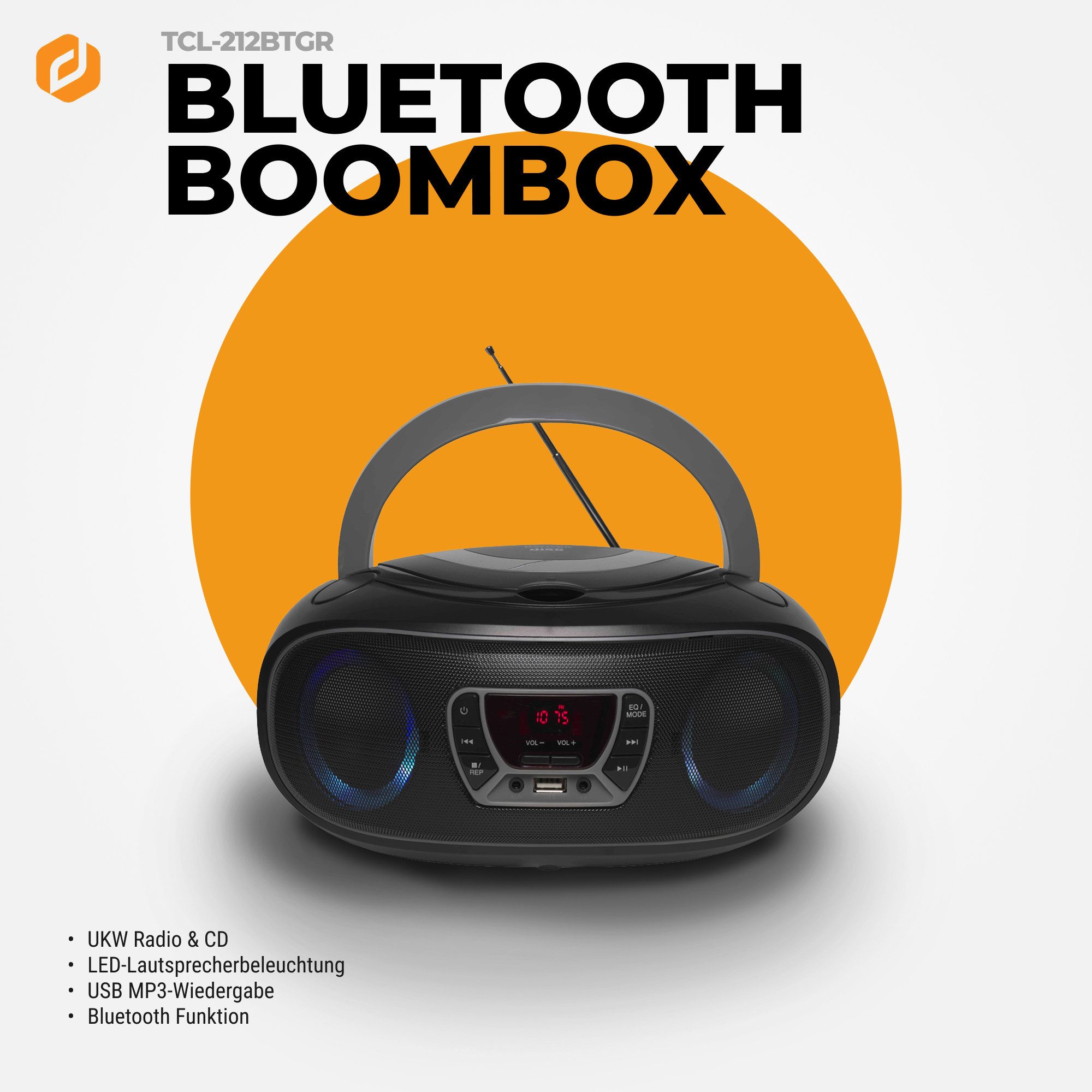 Denver TCL-212BTGR CD-Player (Bluetooth, LED-Beleuchtung in Lautsprechergittern, Bluetooth, USB & AUX, CD/FM, LED-Beleuchtung in Lautsprechergittern, Bluetooth, USB & AUX, CD/FM)