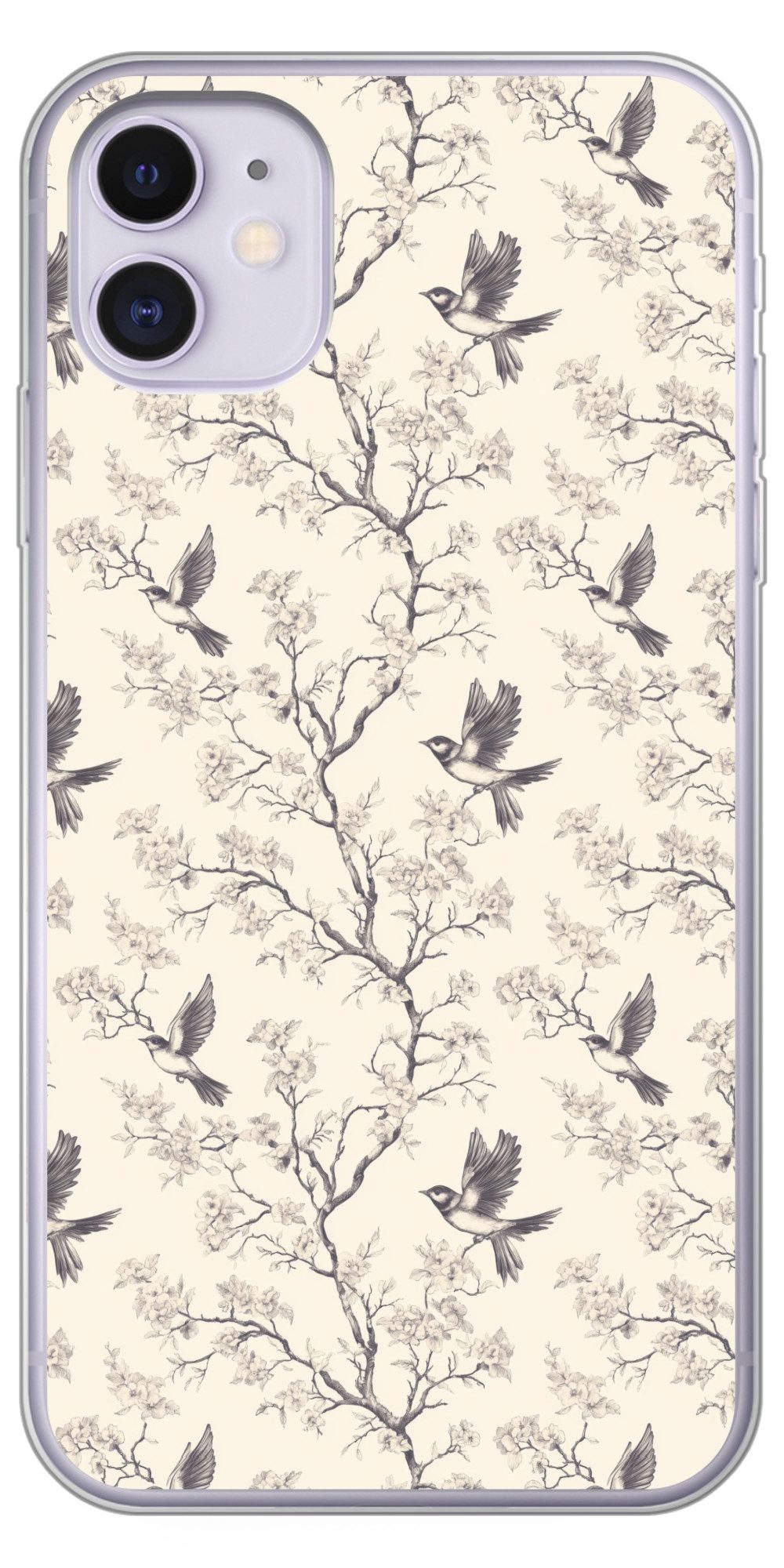 MuchoWow Handyhülle für Apple iPhone 11 Äste - Vögel - Beige, Smartphone-Bumper, Print, Handy Schutzhülle Dünn