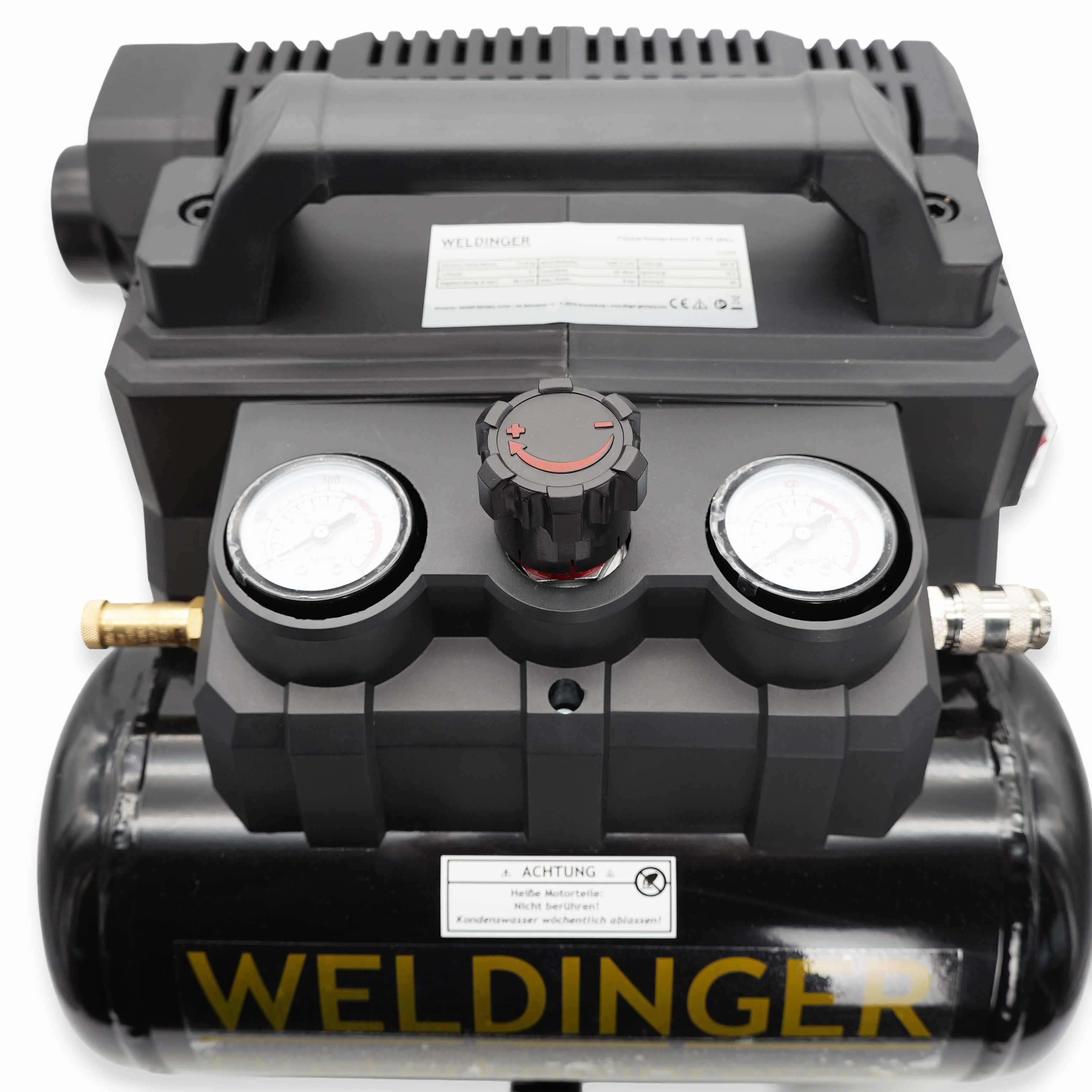 WELDINGER Kompressor Flüsterkompressor FK 70 akku 8 bar 6 Liter Tank 400 W 60 l/min 18V DC, 400 W, max. 8 bar, 6 l, 6-Liter-Behälter, 60 l/min Luftabgabe bei 6 bar und 400 W Leistung