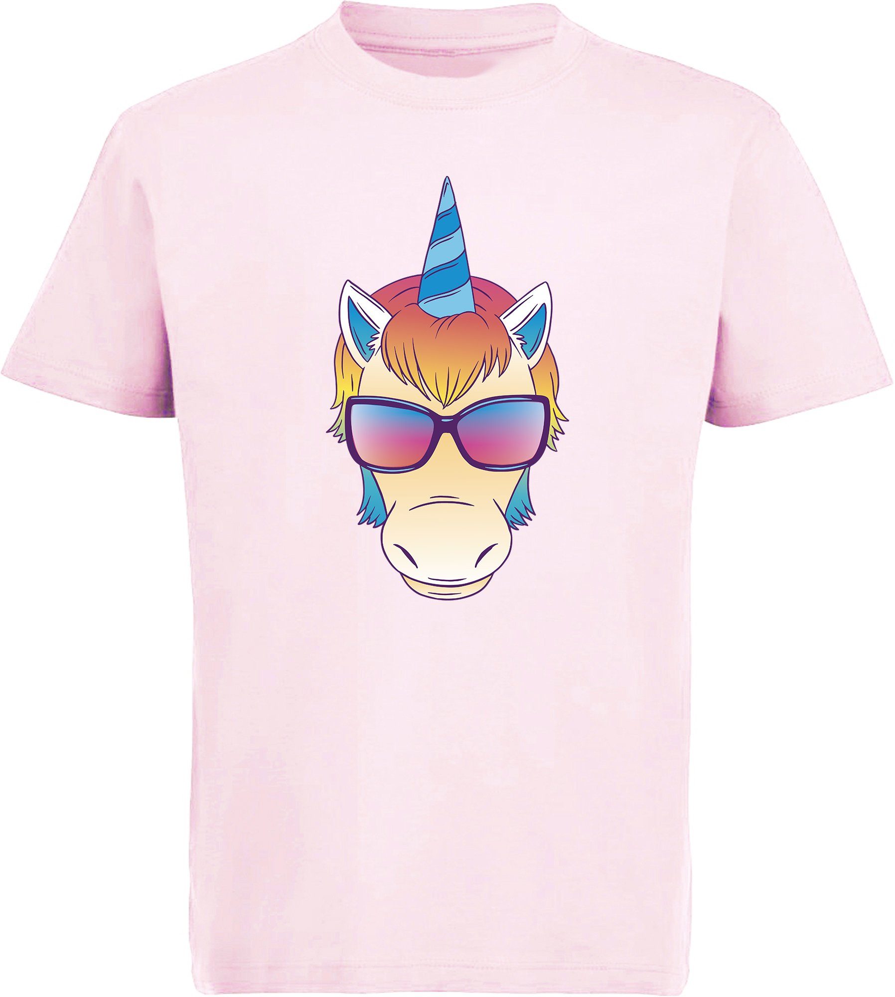 MyDesign24 T-Shirt Kinder Print Shirt bedruckt - Einhorn Kopf mit Sonnenbrille Baumwollshirt mit Aufdruck, i255 rosa
