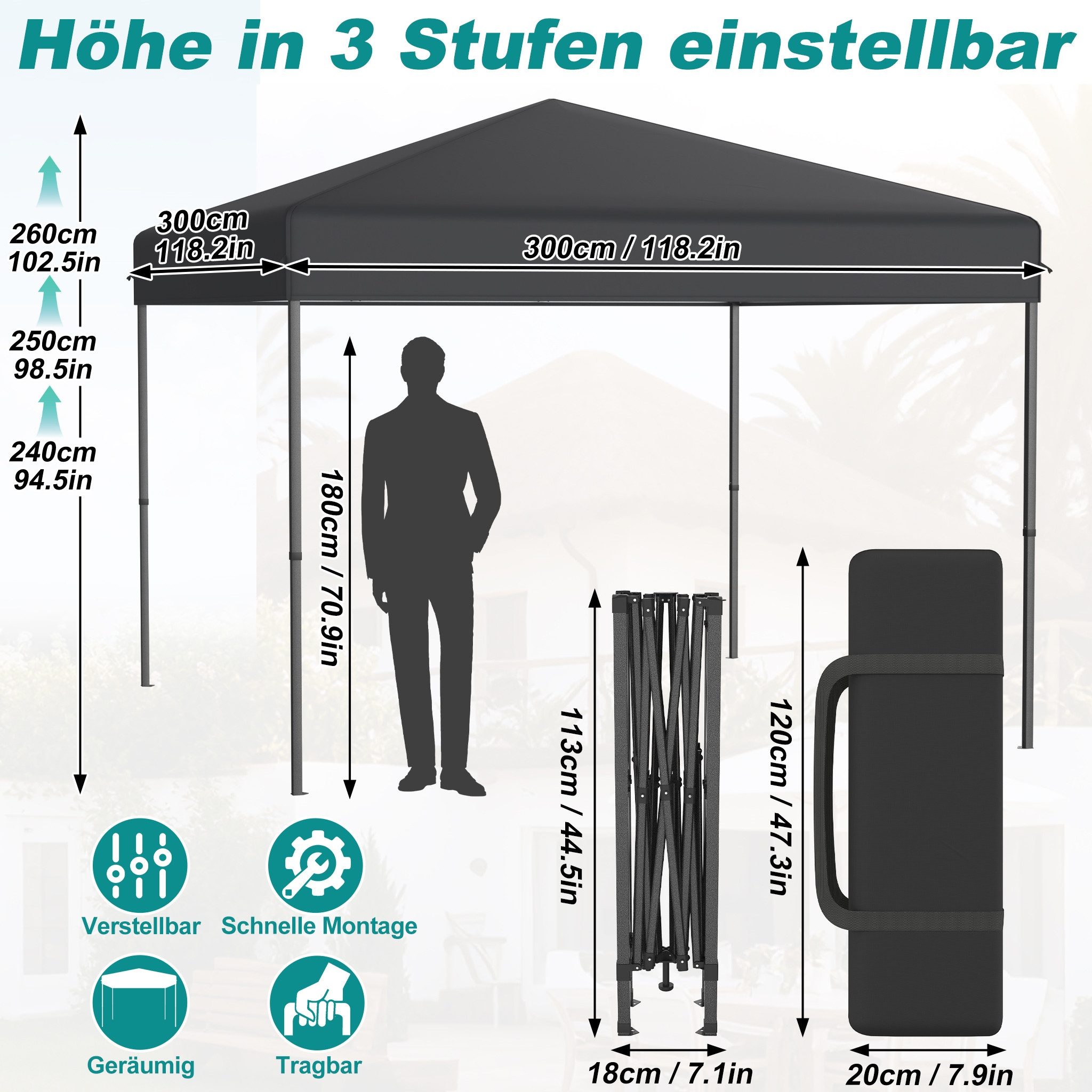 FIVMEN Partyzelt Pop Up Faltbar 3x3m für Garten Winterfest Faltpavillon Stahlrahmen, UV Schutz Camping Party, Hochzeit Höhe Verstellbar 240-260cm