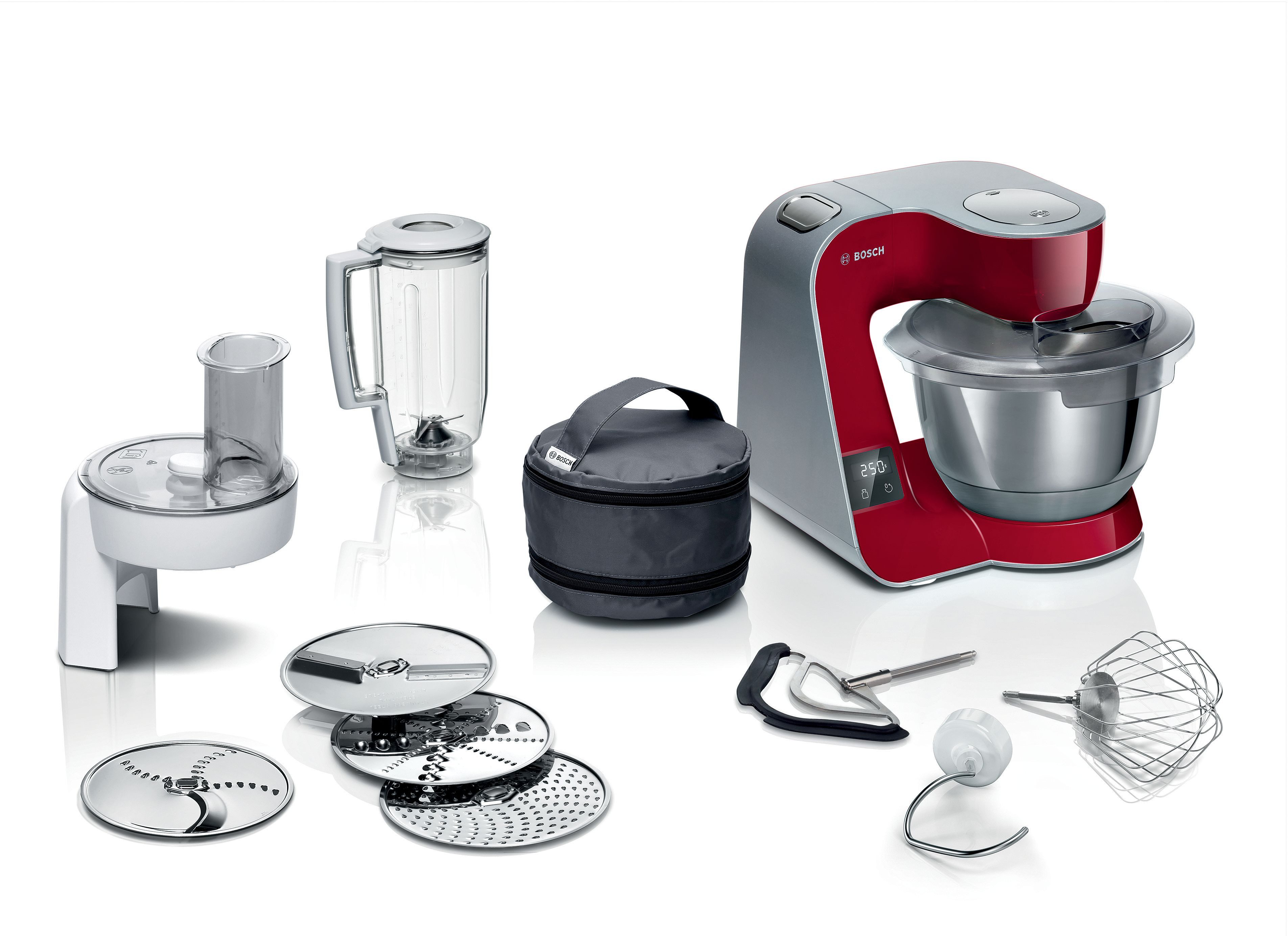 BOSCH Küchenmaschine Serie 4 MUM5X720, integr. Waage, Durchlaufschnitzler, Mixer, rot, 1000 W, 3,9 l Schüssel, 3 Scheiben, Schüssel, Knethaken/Rühr-/Schlagbesen, spülmaschinenfest