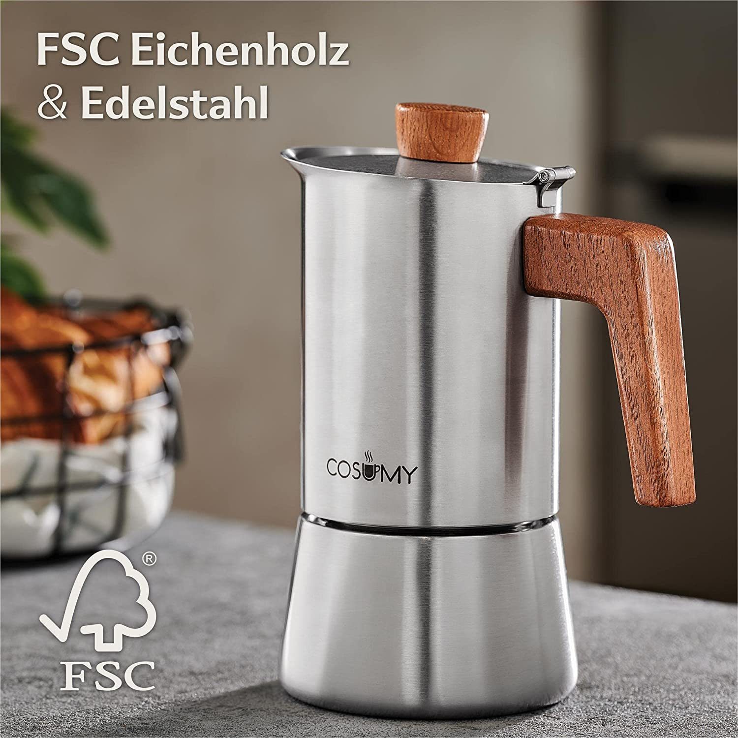 Cosumy Espressokocher, Induktionsgeeignet, FSC-zertifiziertes Eichenholz