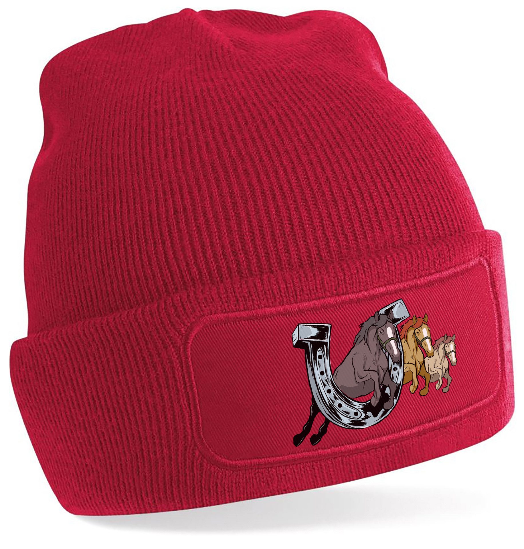 Strickmütze für kalte Tage - Beanie mit springenden Pferden Print