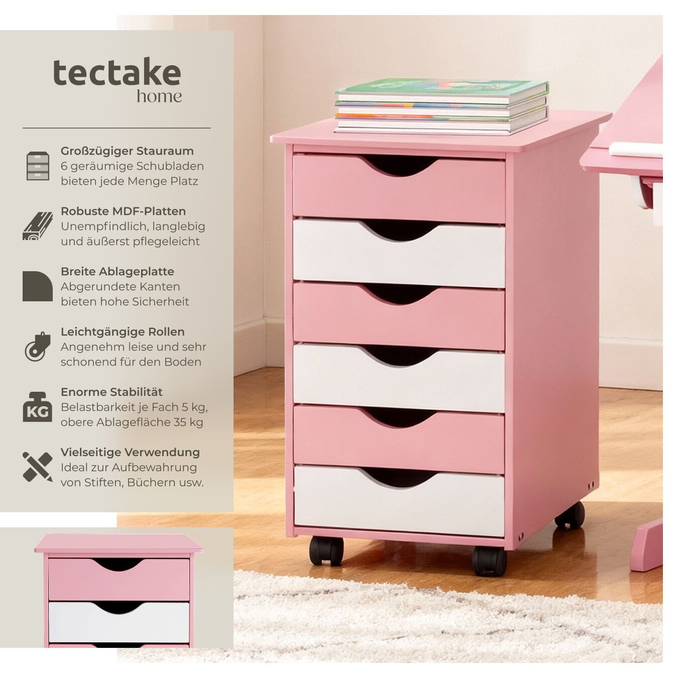 tectake Rollcontainer Schreibtischcontainer 36 x 40 x 65 cm aus Holz, einfache Montage, (Bürokommode, in rosa), 4 leichtgängige drehbare Doppelrollen, 6 Schubladen, runde Kanten