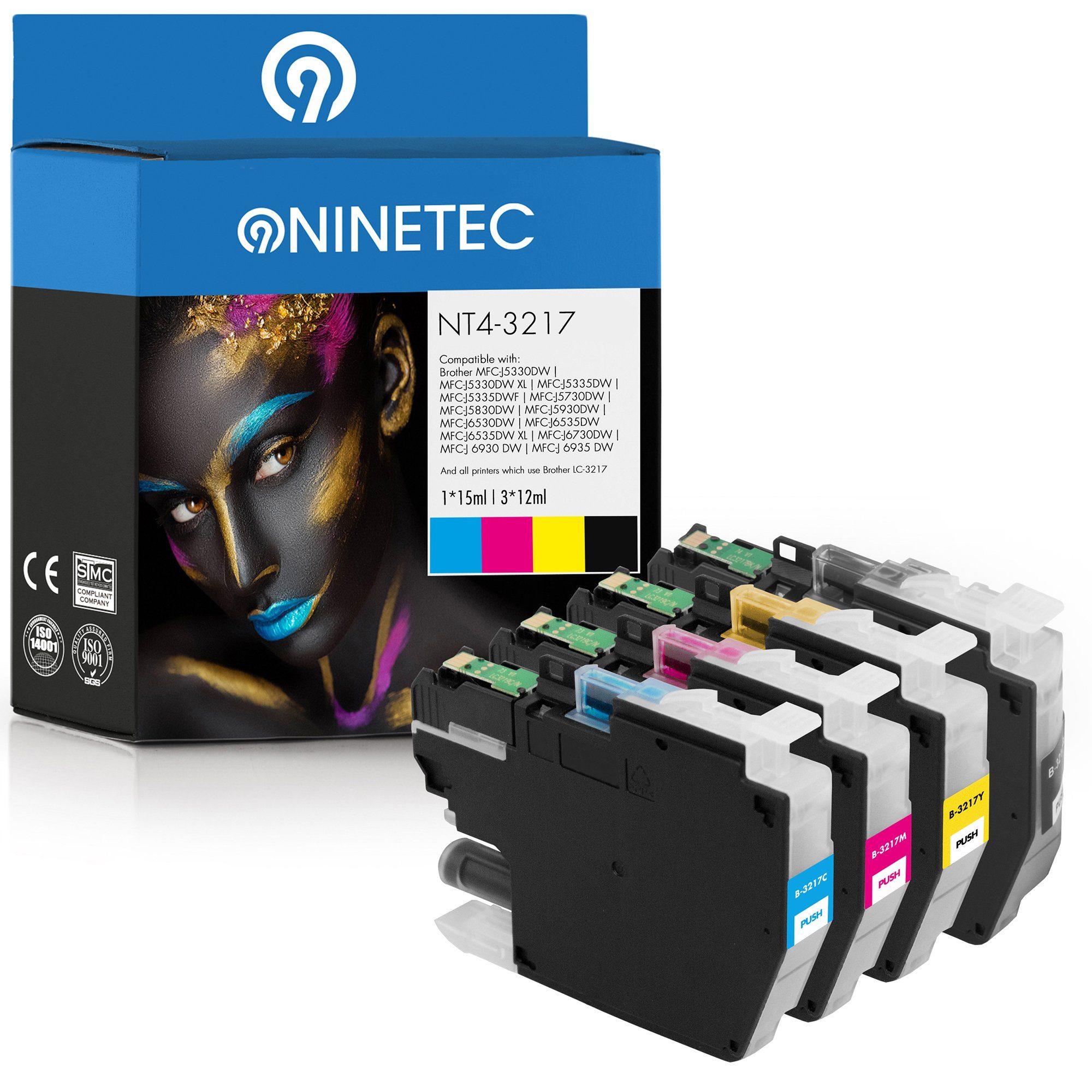 NINETEC 4er Set ersetzt Brother LC-3217 3217XL Tintenpatrone