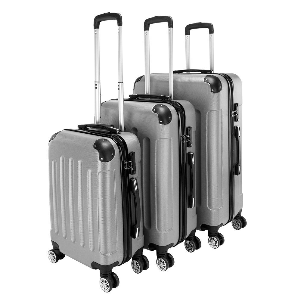 VINGLI Kofferset 3 teilig, 3 in 1 tragbarer ABS Trolley Koffer, Reisekoffer, Grau, 4 Rollen, mit viel Stauraum