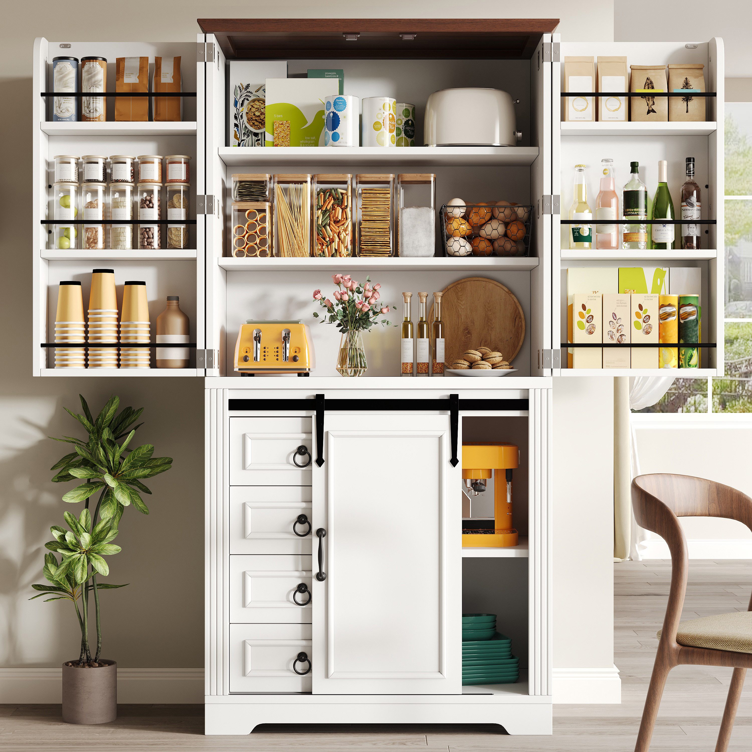 TavilaEcon Hochschrank Standschrank mit Kippschutz und seitlichem Snack-Rack (1-St) für Küche mit 4 Schubladen und verstellbaren Böden, Weiß