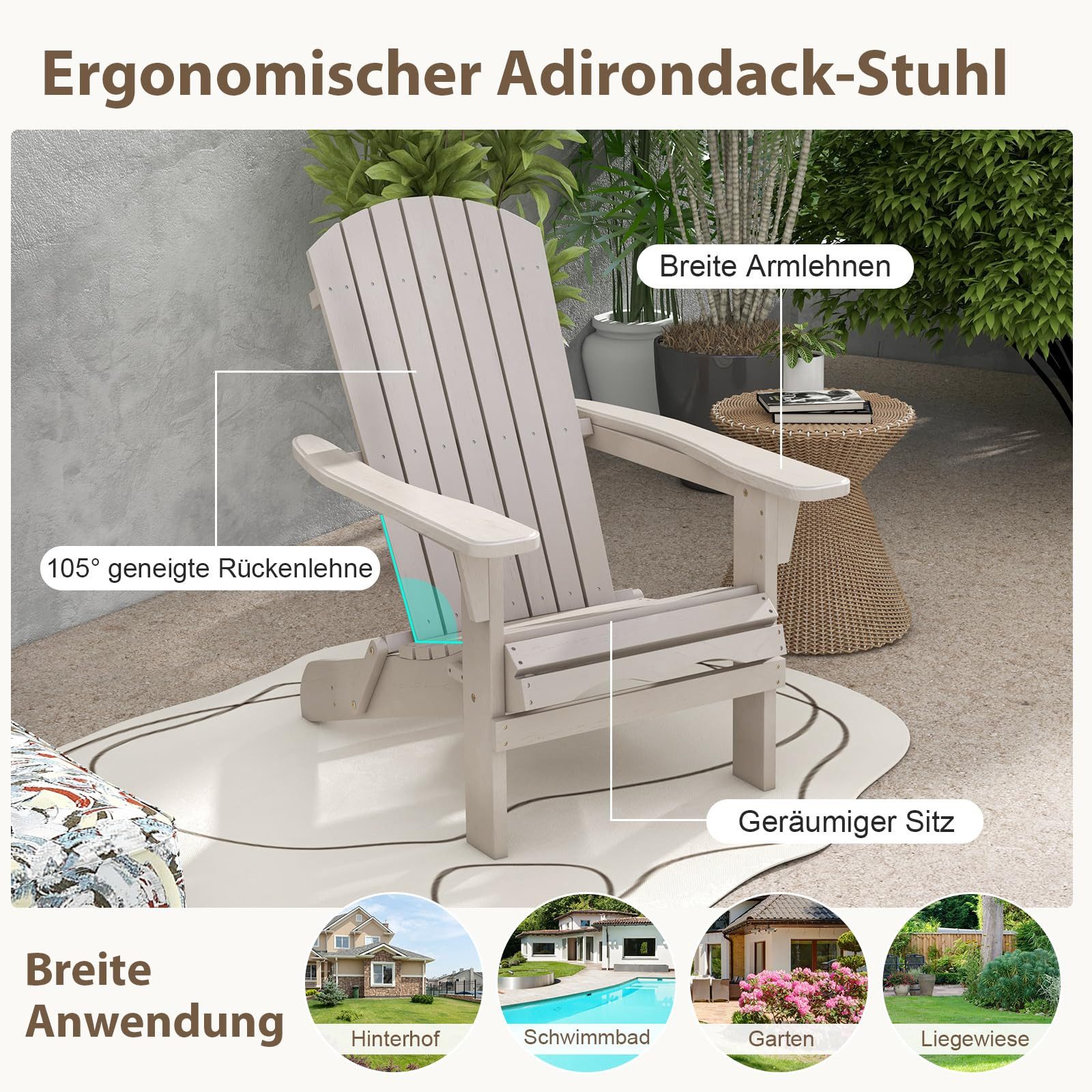 COSTWAY Gartenstuhl (1 St), Adirondack Stuhl klappbar, aus Holz