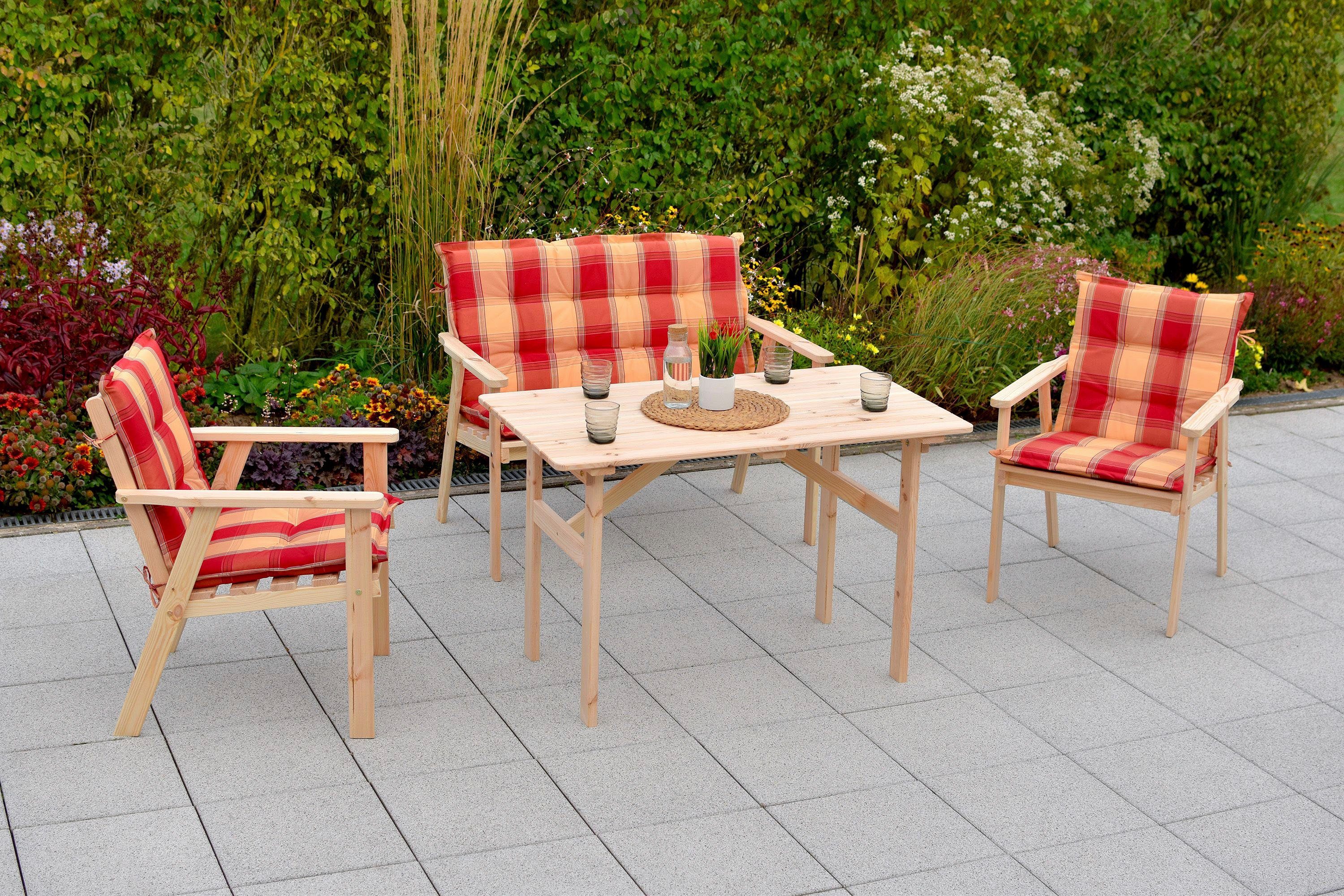 MERXX Garten-Essgruppe Sylt, (7-tlg., 2x Sessel, 1x Bank, 1x Tisch, inkl. Auflagen), Kiefernholz