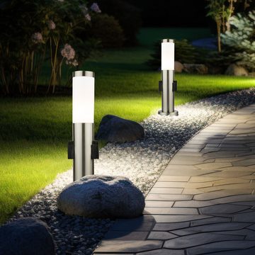 etc-shop LED Außen-Stehlampe, Leuchtmittel inklusive, Warmweiß, 7 Watt LED Edelstahl Stand Steh Beleuchtung Terrasse 2x Steckdosen-