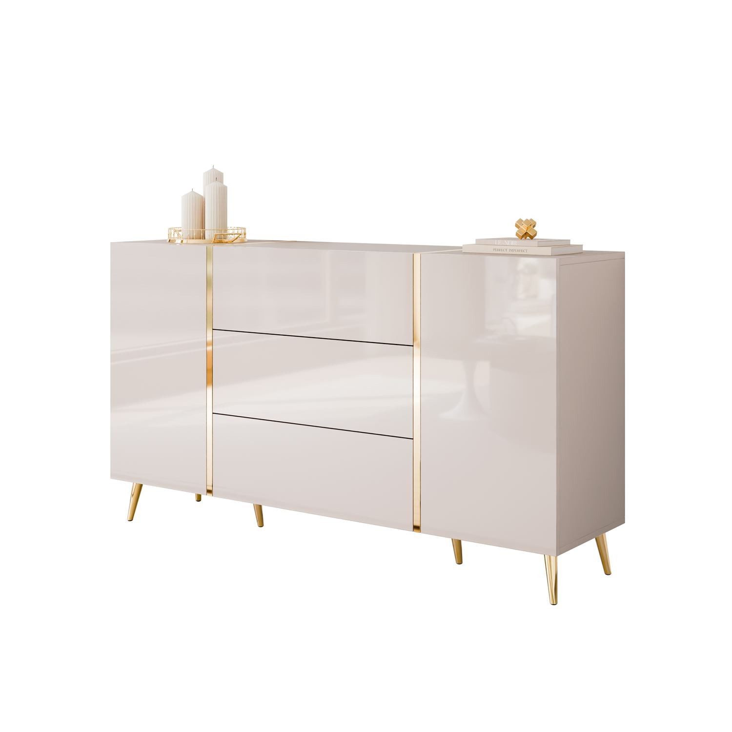ALLHOUSE24 Kommode Kommode 158 cm Kaschmir Hochglanz GOLD Metallfüße Sideboard (1x Kommode), Breite 158 cm – Bild 5 von 5