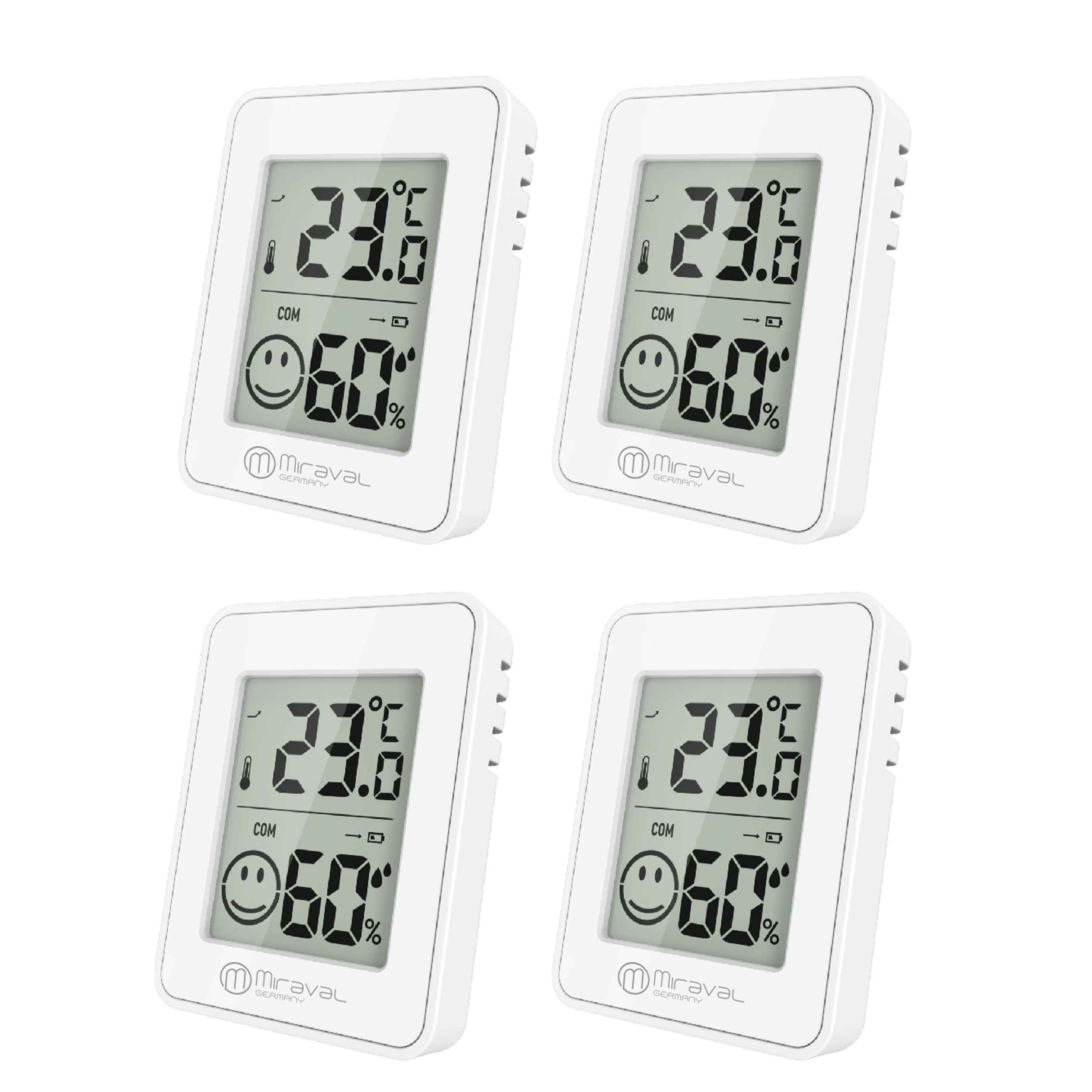 Miraval Klimamesser 4x Digitaler Schimmelwarner Weiß, (Inklusive Akku), Smileys, Hygrometer, Magnet, klappbar