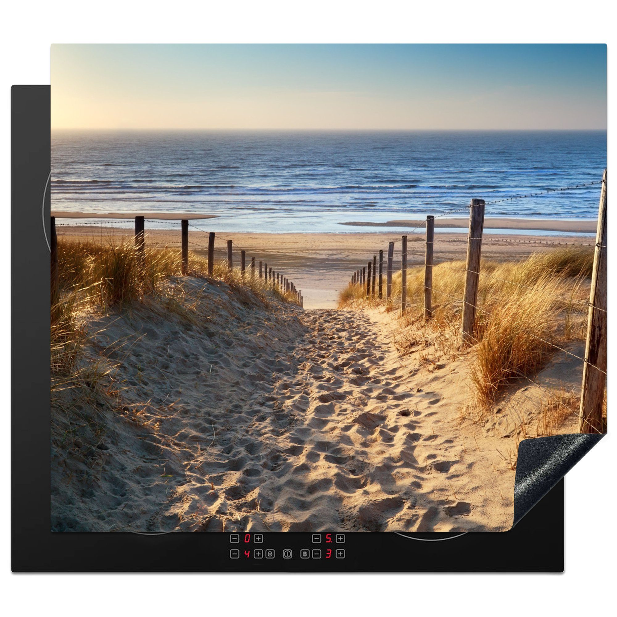 MuchoWow Herdblende-/Abdeckplatte Strand - Meer - Niederlande - Dünen - Sonne, Vinyl, (1 tlg), 59x51 cm, Induktionsschutz, Induktionskochfeld, Ceranfeldabdeckung