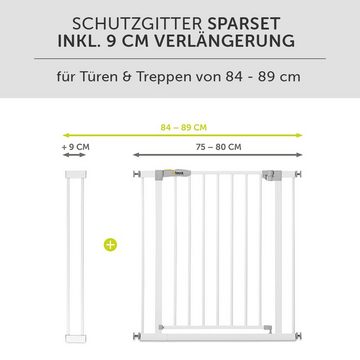 Hauck Türschutzgitter Open N Stop - White, Treppenschutzgitter 84 bis 89 cm inkl. 9 cm Verlängerung - ohne Bohren