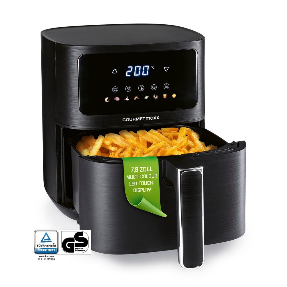 GOURMETmaxx Heißluftfritteuse Digital 4,5l 1500W schwarz mit Farbdisplay vorne, 1500 W, Heißluftzirkulation LED-Touch Pommes Steak wenig Fett 8 Programme