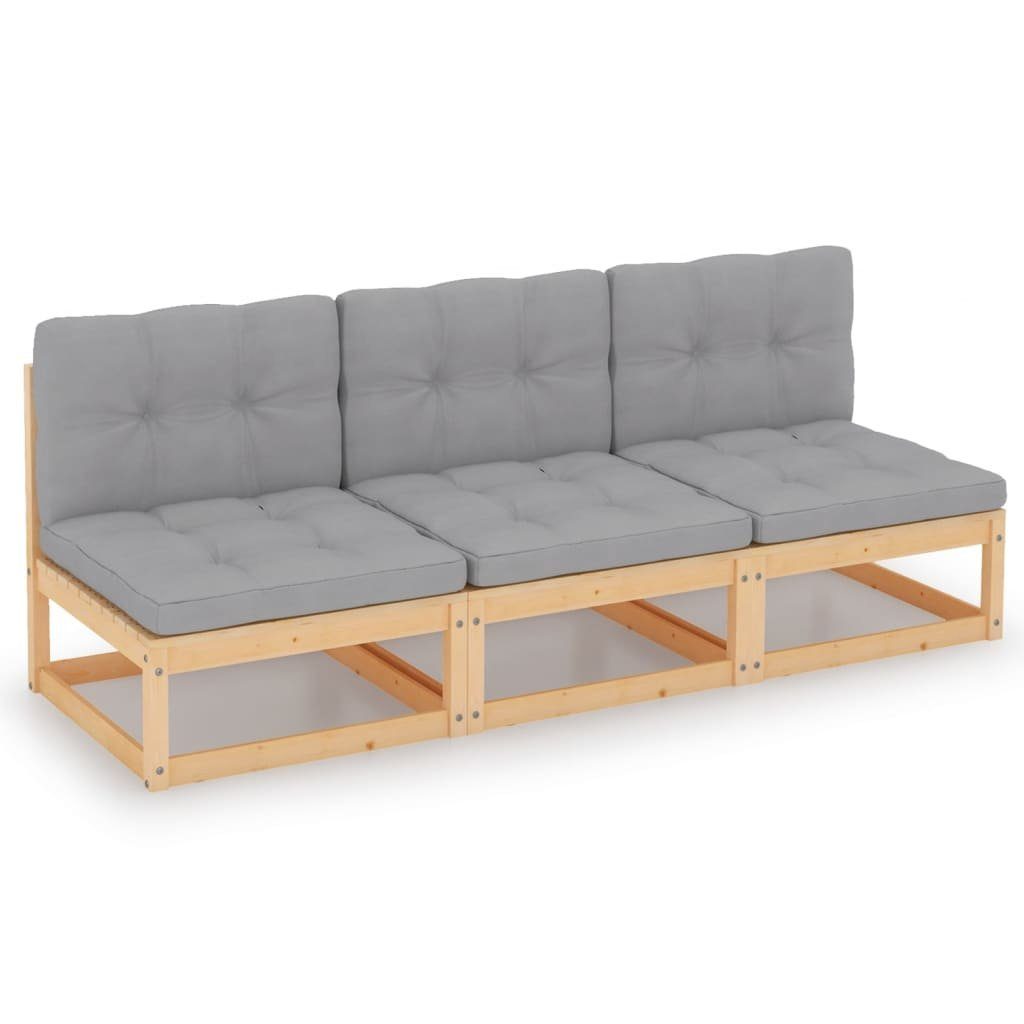 mit Teile Natur Kissen Massivholz, 1 3-Sitzer-Sofa vidaXL Loungesofa Kiefer