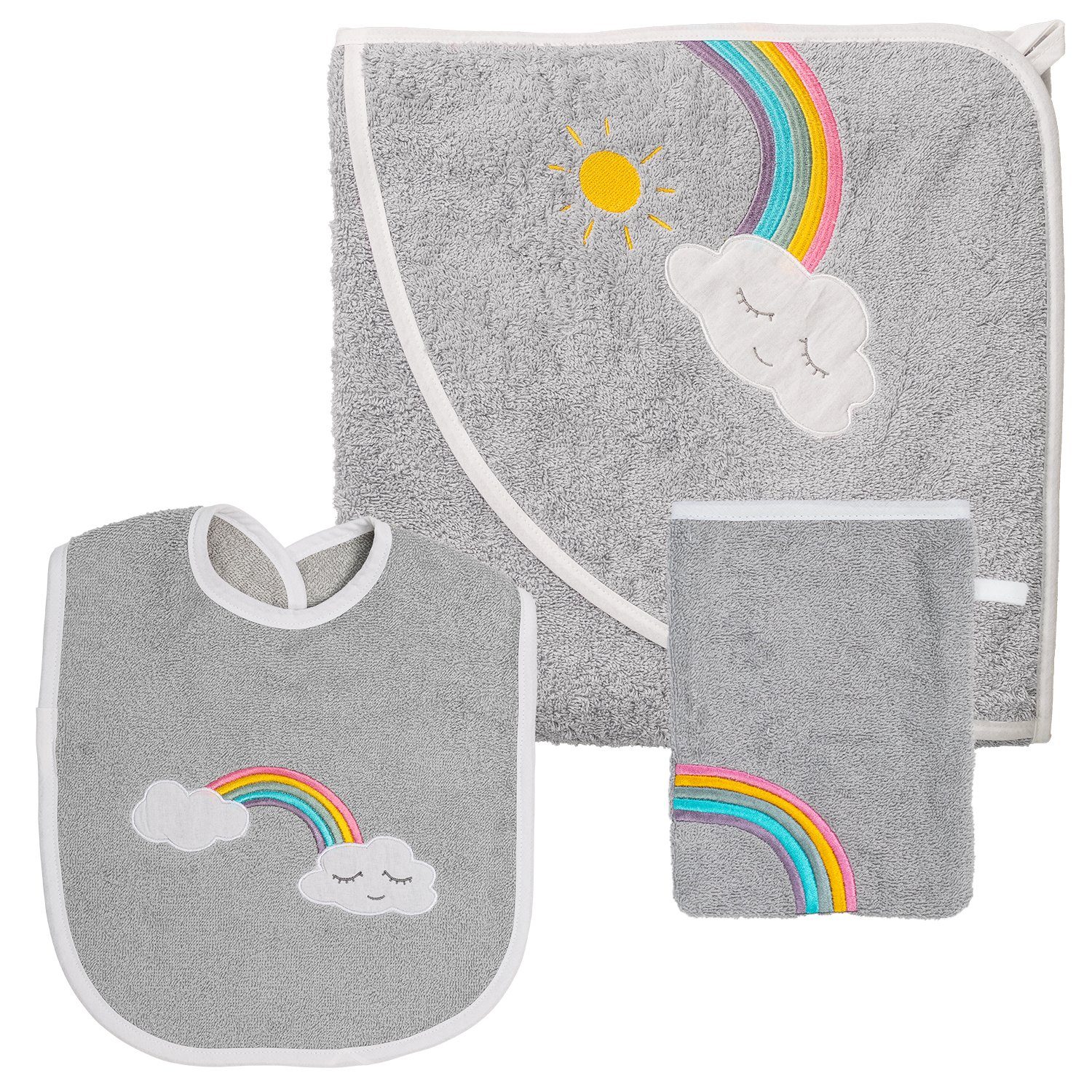 Smithy Handtuch Set 3-tlg. mit Regenbogen/Wolke, Frottee, (Spar-Set, 3-tlg), Set aus Kapuzenhandtuch, Waschlappen und Lätzchen