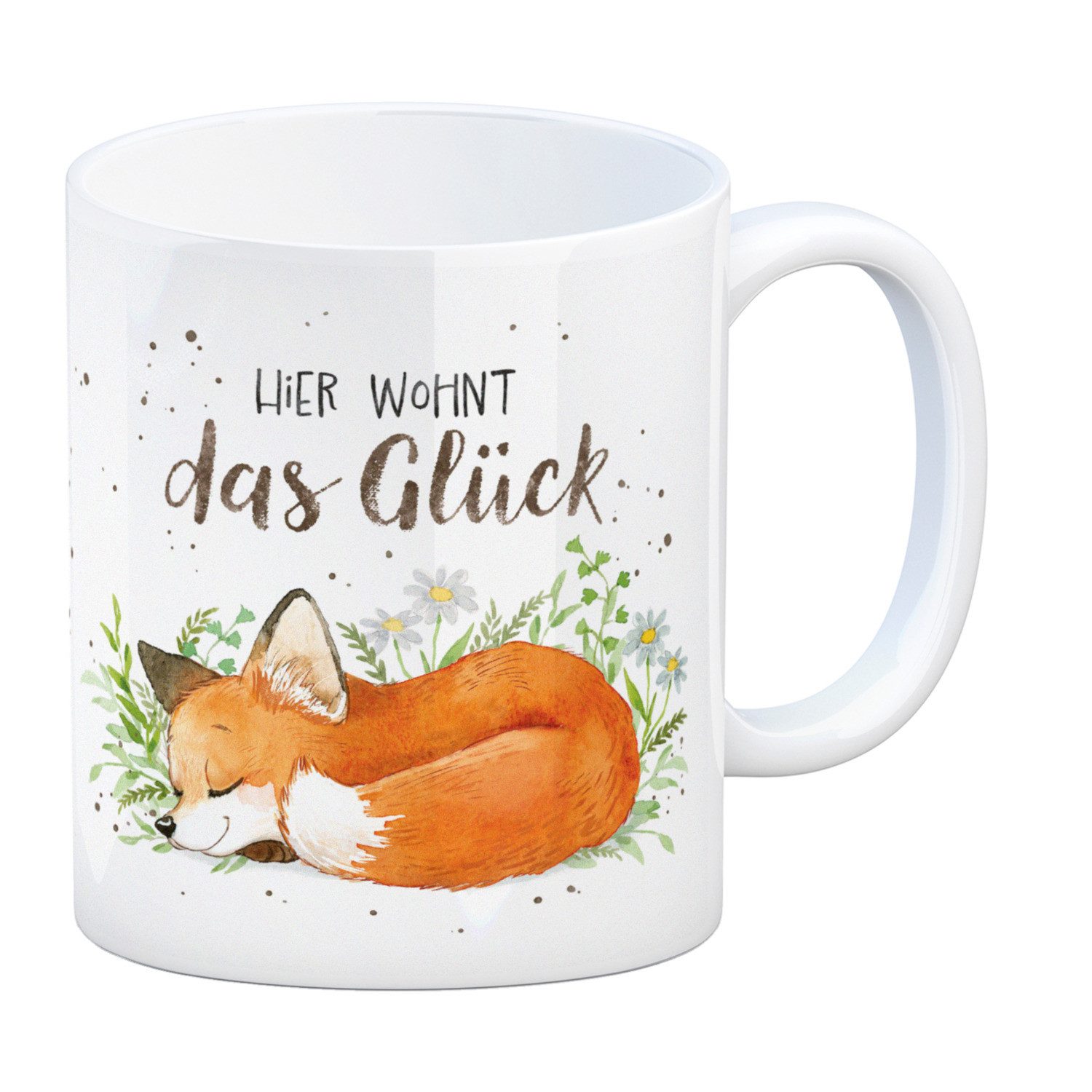 speecheese Tasse Hier wohnt das Glück Kaffeebecher mit Fuchs im Aquarell-Stil