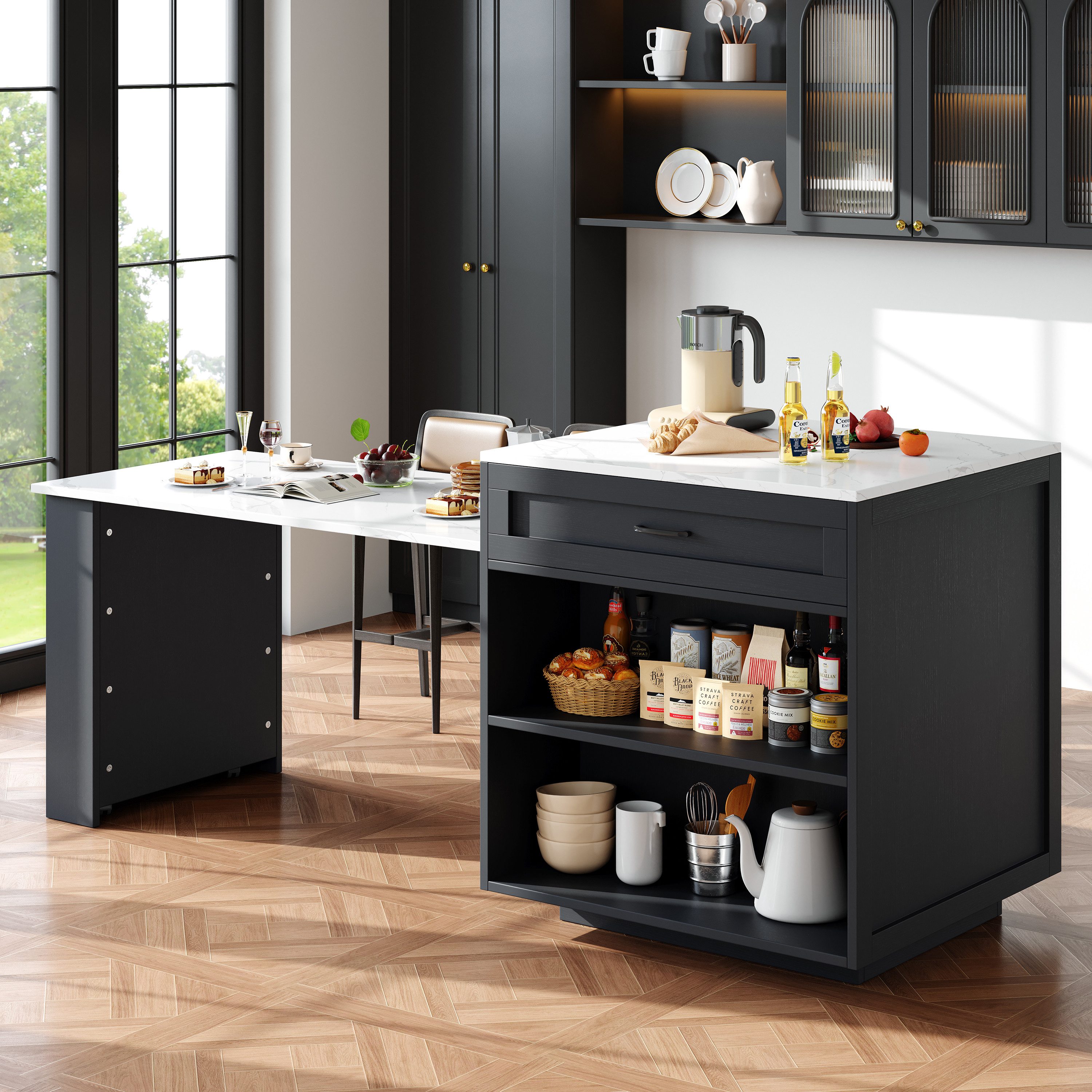 Flieks Kücheninsel mit ausziehbarer Esstisch, Küchenschrank mit Arbeitsplatte, 2 Schubladen und 4 Fächern Buffet – Bild 3 von 5