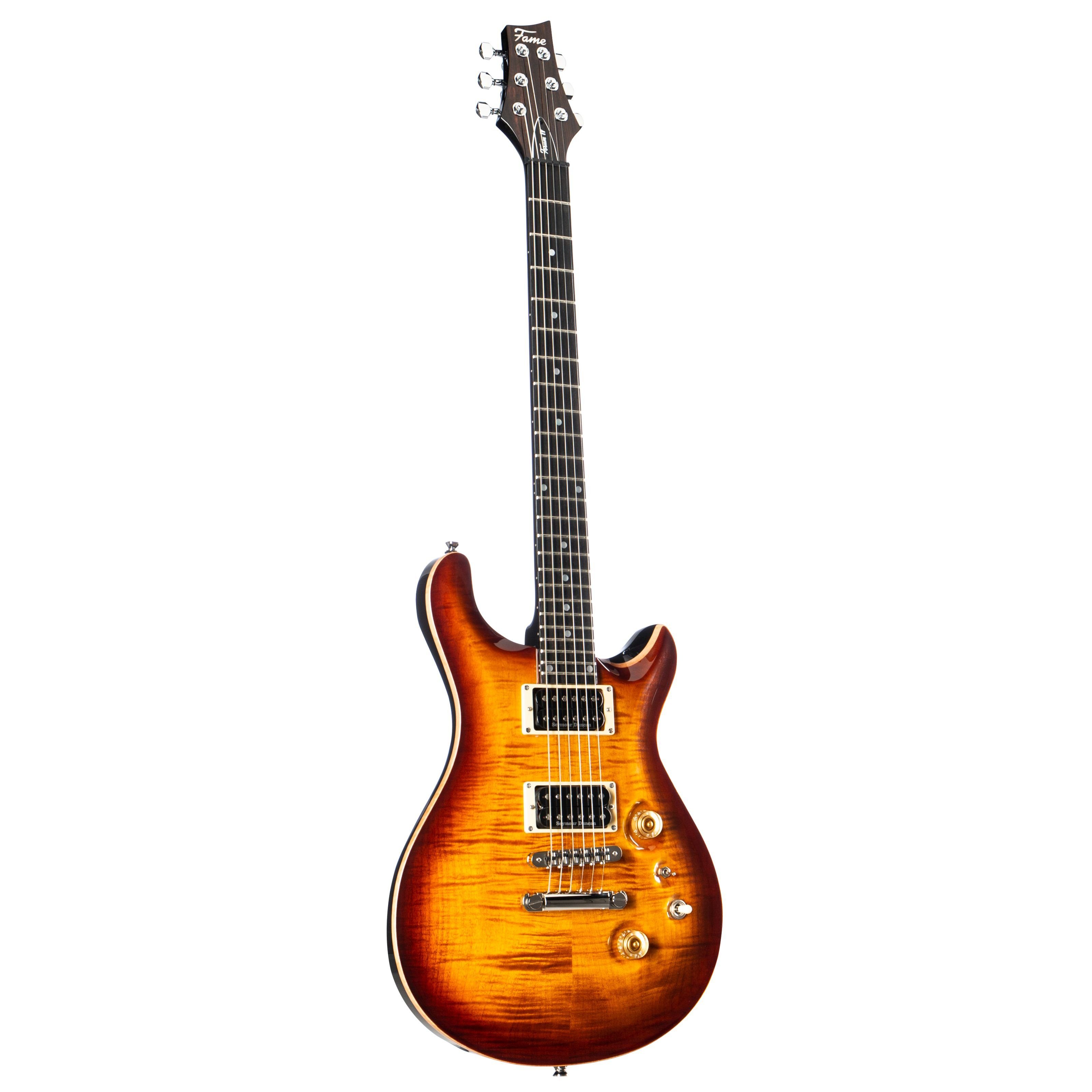 FAME E-Gitarre, Forum IV Modern Serie E-Gitarre, elektrische Gitarre mit Humbucker Tonabnehmer, Electric Guitar mit Sunburst Riegelahorndecke, Forum Double Cut, E-Gitarre, Humbucker Tonabnehmer, Sunburst Riegelahorndecke