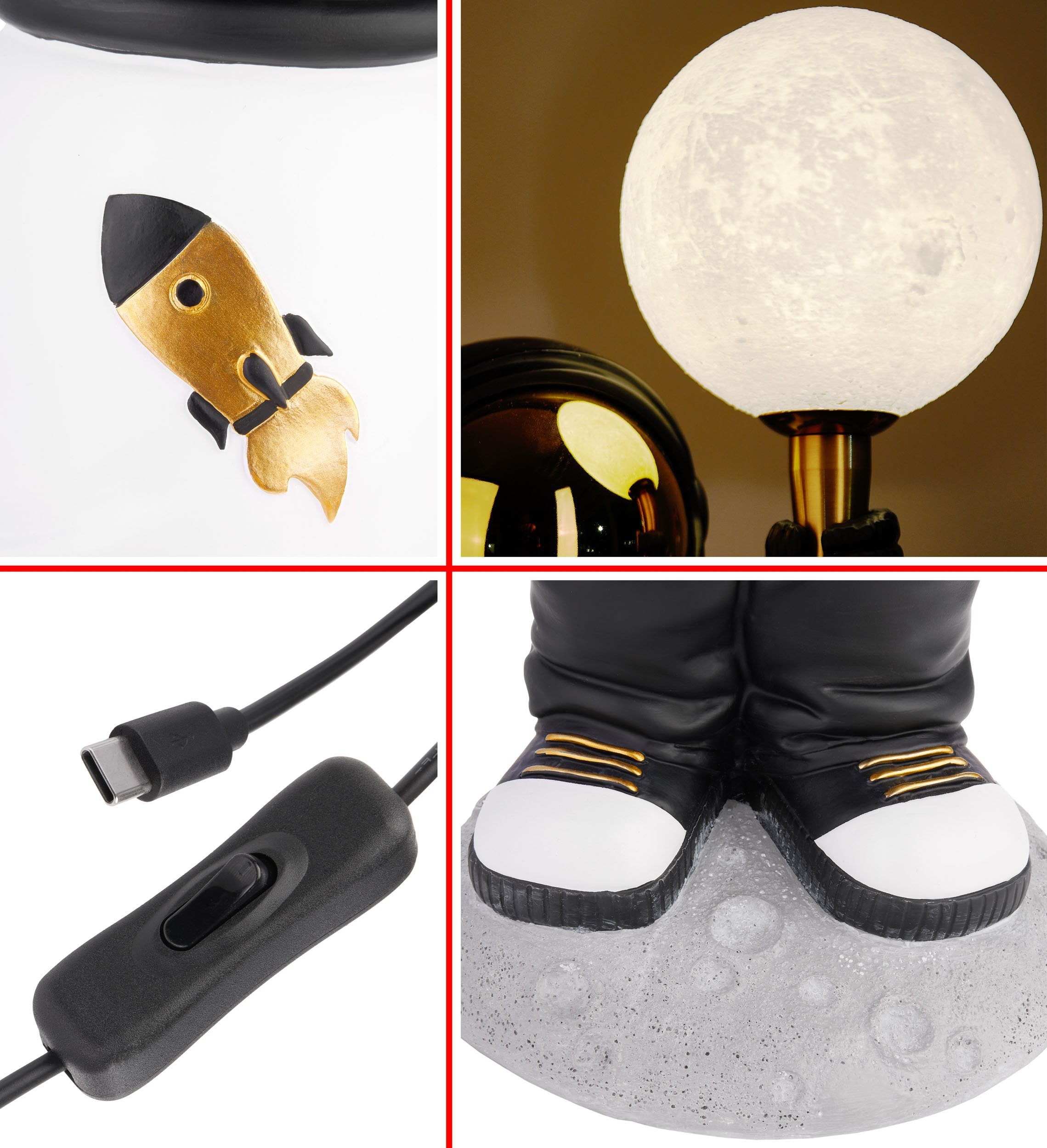 Tischlampe BRUBAKER Lampe USB-C Dekofigur Nachttischlampe cm und Mond Handbemalte integriert, LED - Weltraum LED Schwarz mit - Astronauten Tischleuchte, Gold 46 Statue fest Stecker, mit Weiß/Schwarz