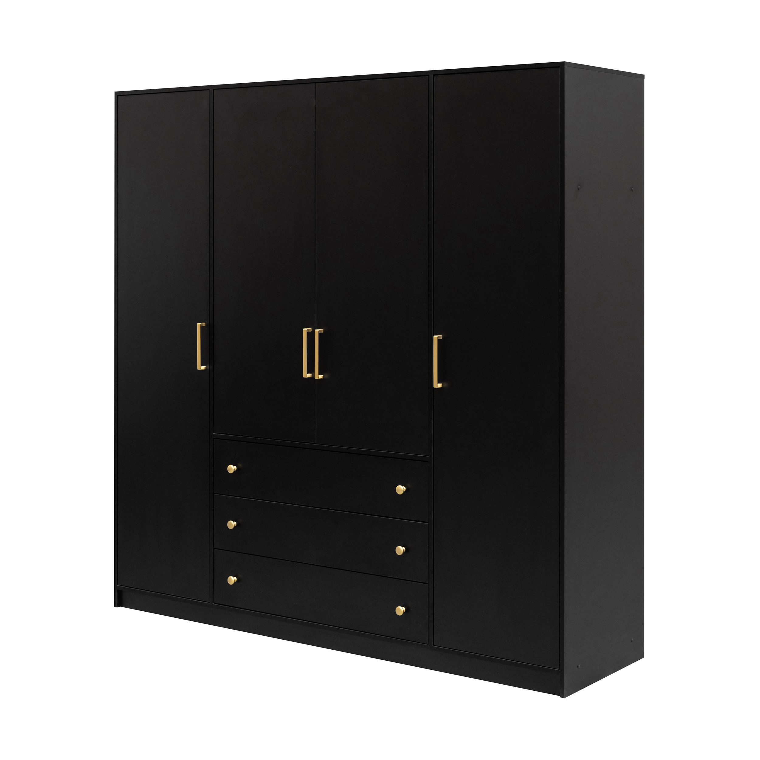 Beautysofa Drehtürenschrank RILO mit 4 Türen und goldfarbene Griffe (Kleiderstange, 8 Regalböden, 3 Schubladen, Farbe: Weiß oder Schwarz) Breite: 196 cm