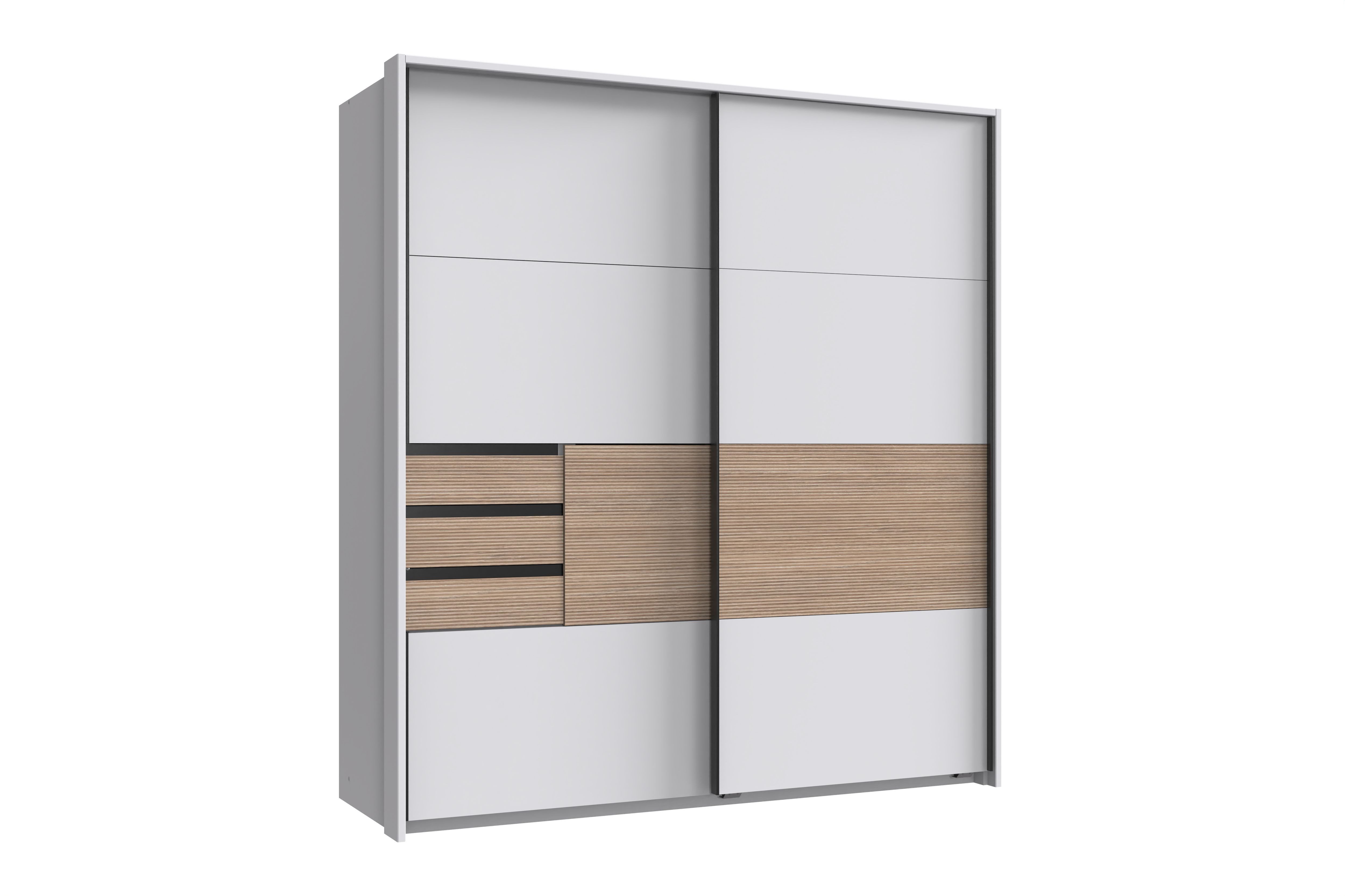 möbel-direkt.de Schwebetürenschrank Bremen in Weiß mit Absetzungen in Multiplex (komplett, 1-St., Kleiderschrank) Made in Germany, Absetzungen in Multiplex, wahlweise mit Spiegel