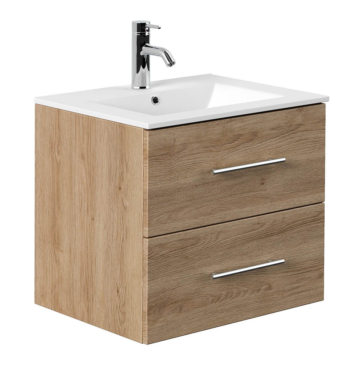 einfachgutemoebel Waschtisch-Set KUBOA Waschplatz 60cm Eiche Gold matt mit Keramikbecken, (Badmöbel Set, 1-St., Waschtisch Set)