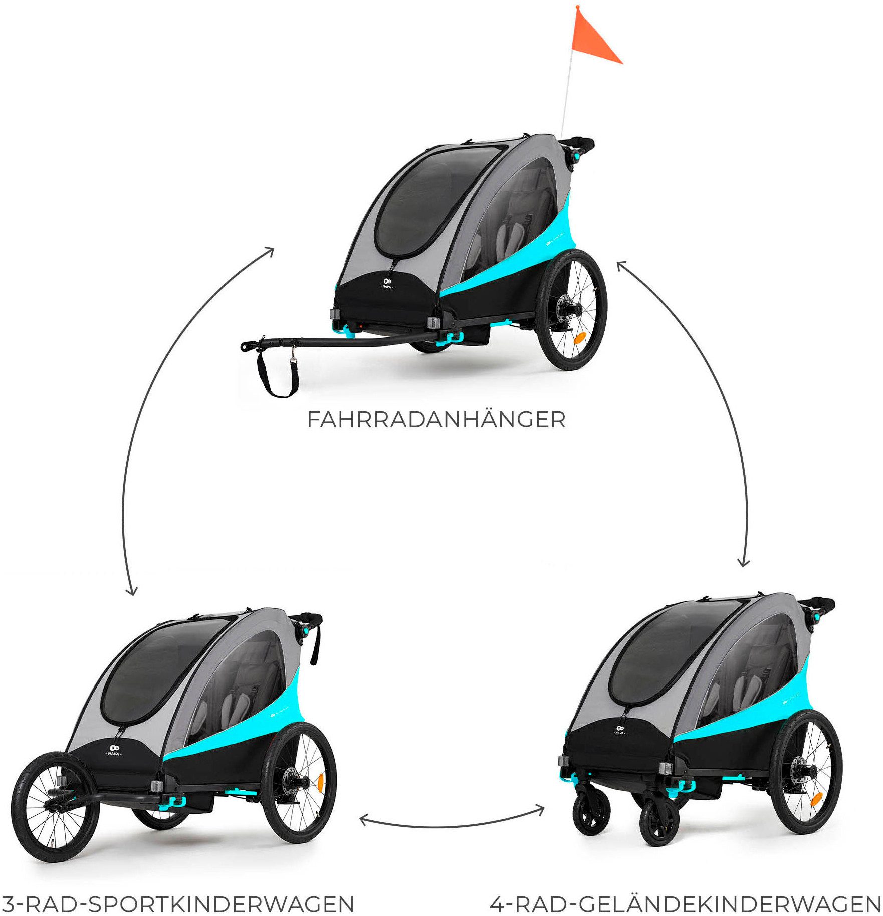 Kinderkraft Fahrradkinderanhänger NAVA, 3in1 Fahrradanhänger, Buggy & Jogger, Hand- & Fußbremse, für 2 Kinder