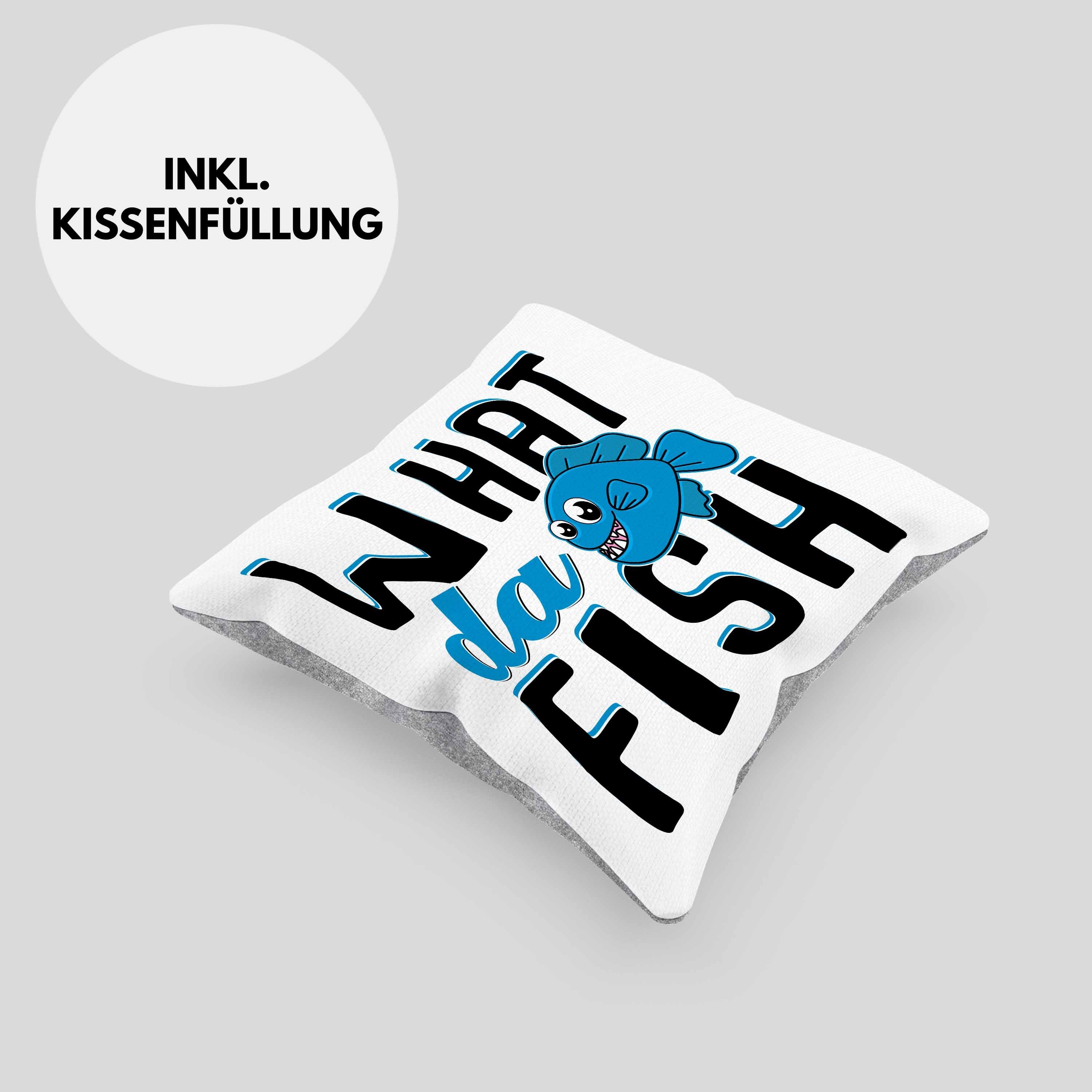 Trendation Dekokissen Trendation - 40x40 Hobbyangler What Fisch Zubehör Da Geschenk Angler Kissen Dekokissen Grau Forelle Fischer Raubfische Füllung mit Hecht Kaffeetasse Barsch Angeln