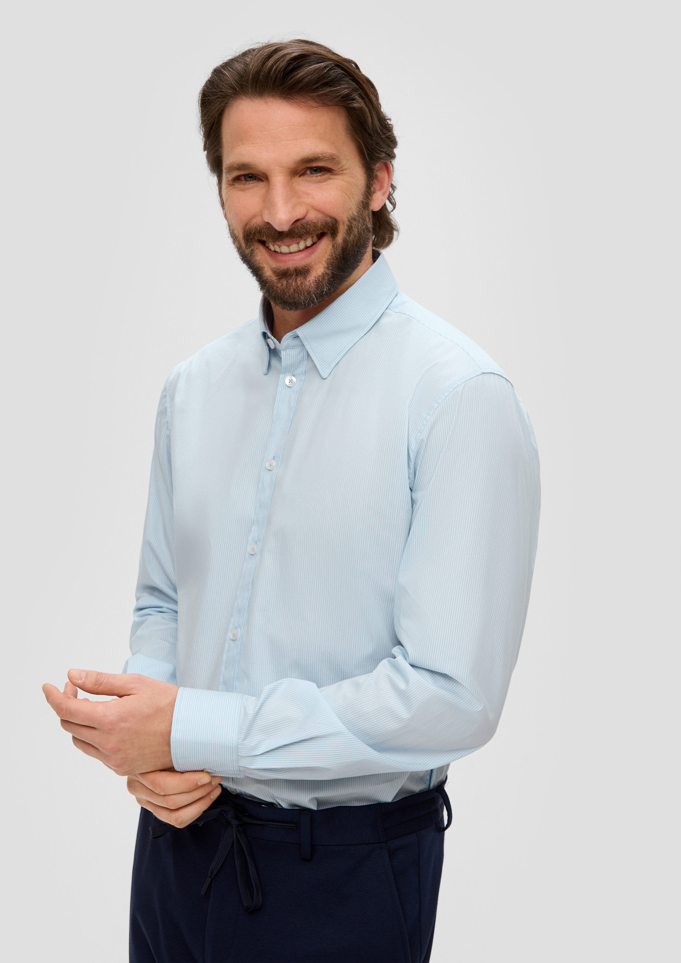 s.Oliver Langarmhemd Hemd Gestreiftes, elastisches Hemd aus Baumwollmix