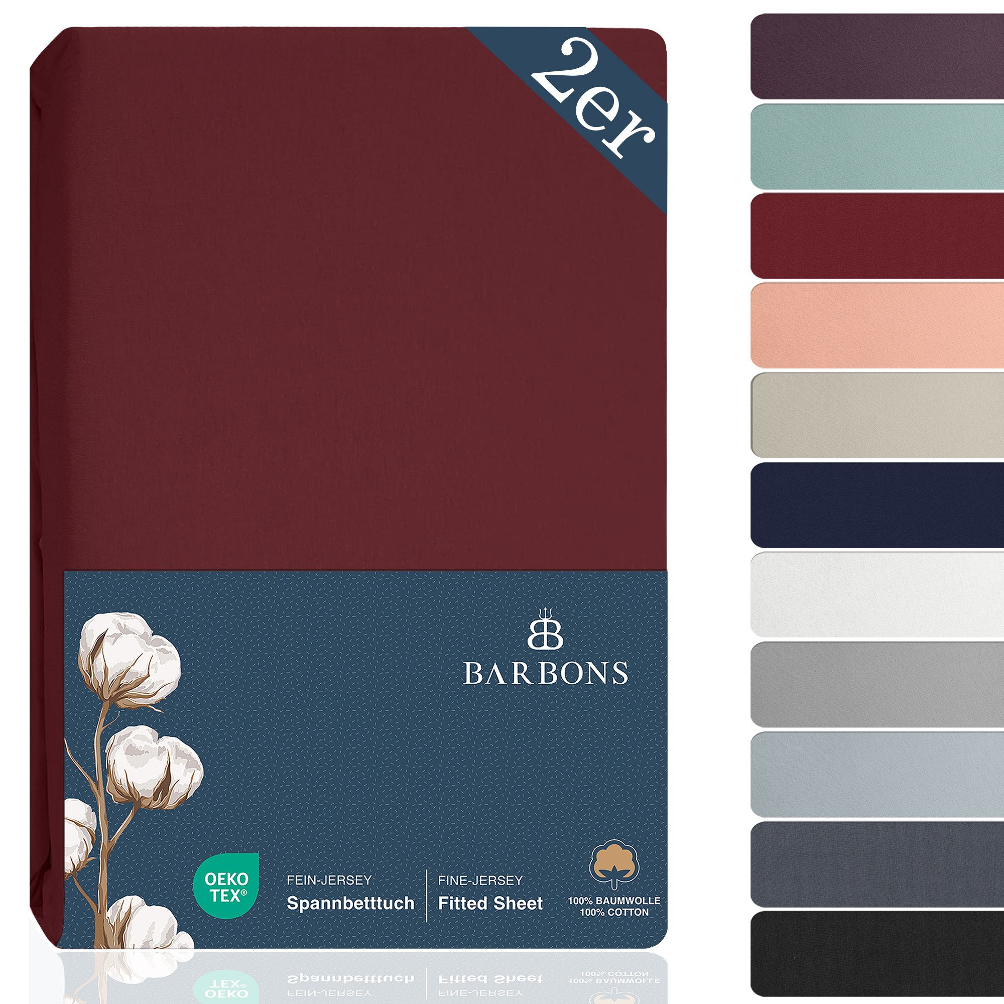 BARBONS Spannbettlaken Jersey 2er Bettlaken, 145 g/m² Spannbetttuch, bis zu 25cm Höhe, Topper, 100% Baumwolle, Gummizug: rundum, (2 Stück), Rundgummi, Atmungsaktiv