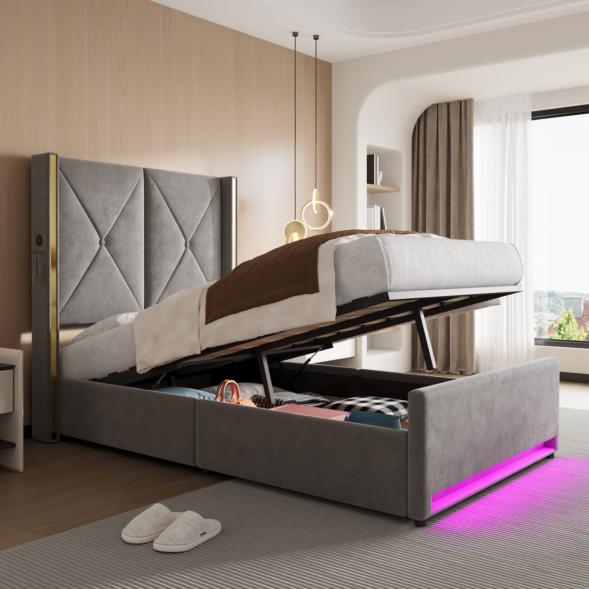 TavilaEcon Boxspringbett Veloursbett mit hohem Kopfteil, Seitentaschen & USB (1-St), mit hydraulischem Hebelsystem & großem Unterbett-Stauraum, grau/beige