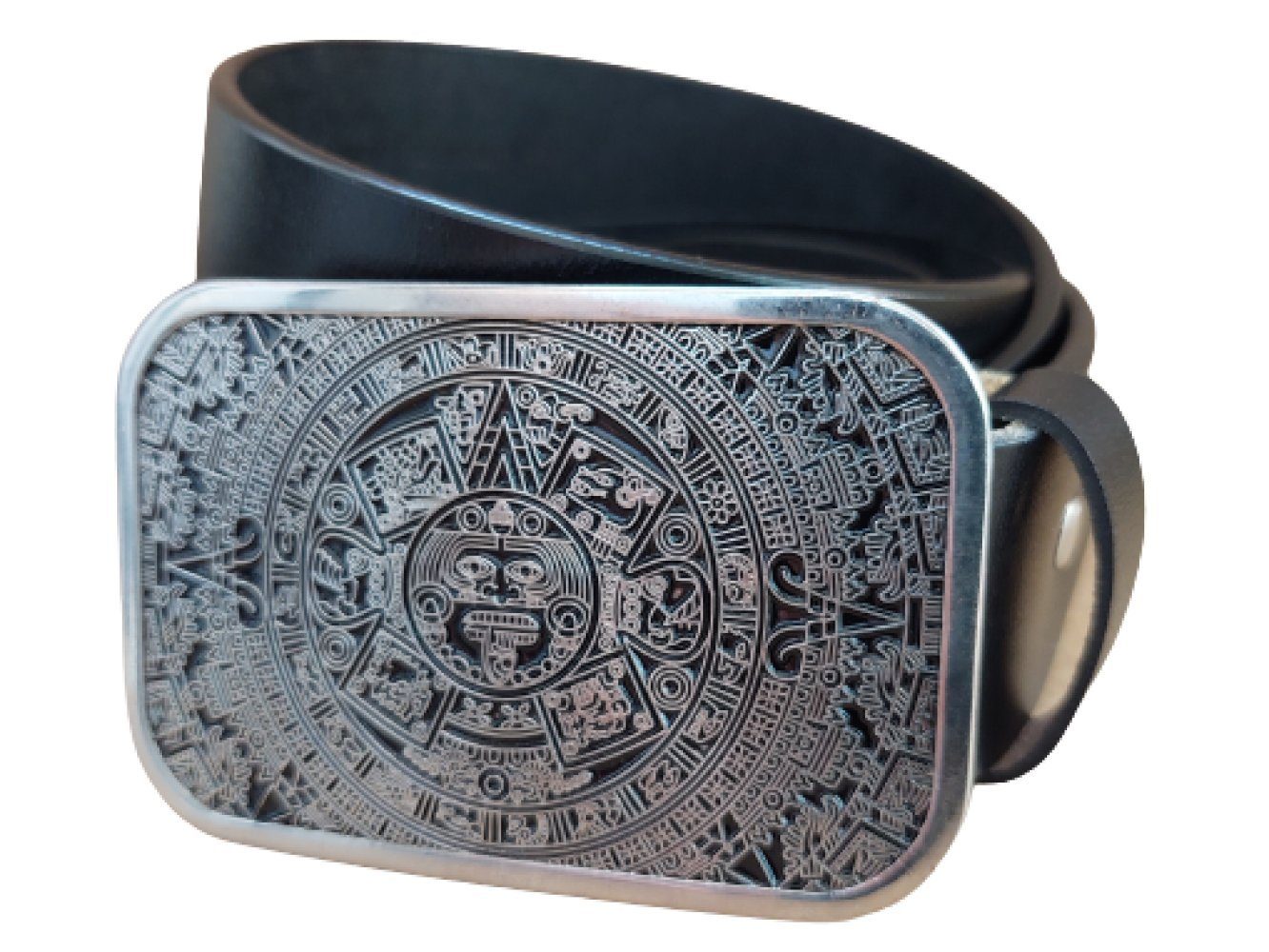 Ware aus aller Welt Ledergürtel Wechselgürtel Gürtel mit Azteken Kalender Gürtelschnalle Buckle