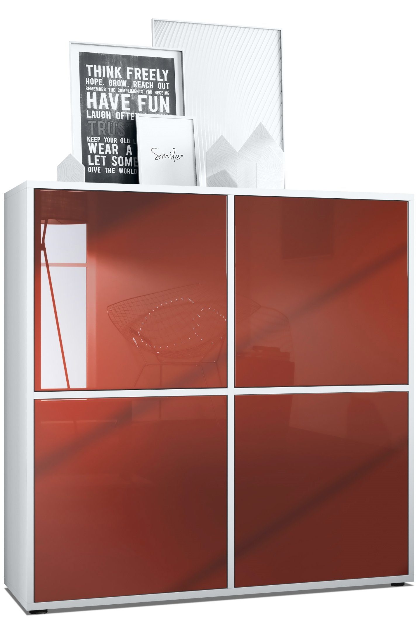 Vladon Highboard Cuba V2 (Schrank, 104 x 105,5 x 35,5 cm Sideboard mit 8 Fächern), Korpus in Weiß matt / Fronten in Bordeaux Hochglanz