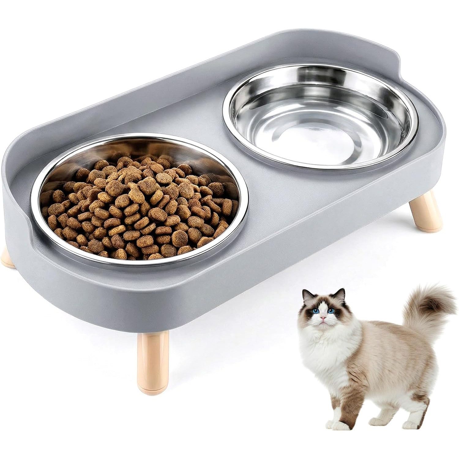 TUWENA Napf-Set Katzennapf Hundenapf Edelstahl Doppelnäpfe mit Ständer & Spritzschutz, Edelstahl, Nackenschonend, rutschfest, spülmaschinenfest, umkippsicher,hygienisch