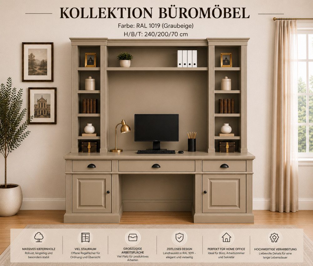 Wohnpalast Schreibtisch Landhaus Schreibtisch mit Regalaufsatz aus Kiefernholz – graubeige – 2