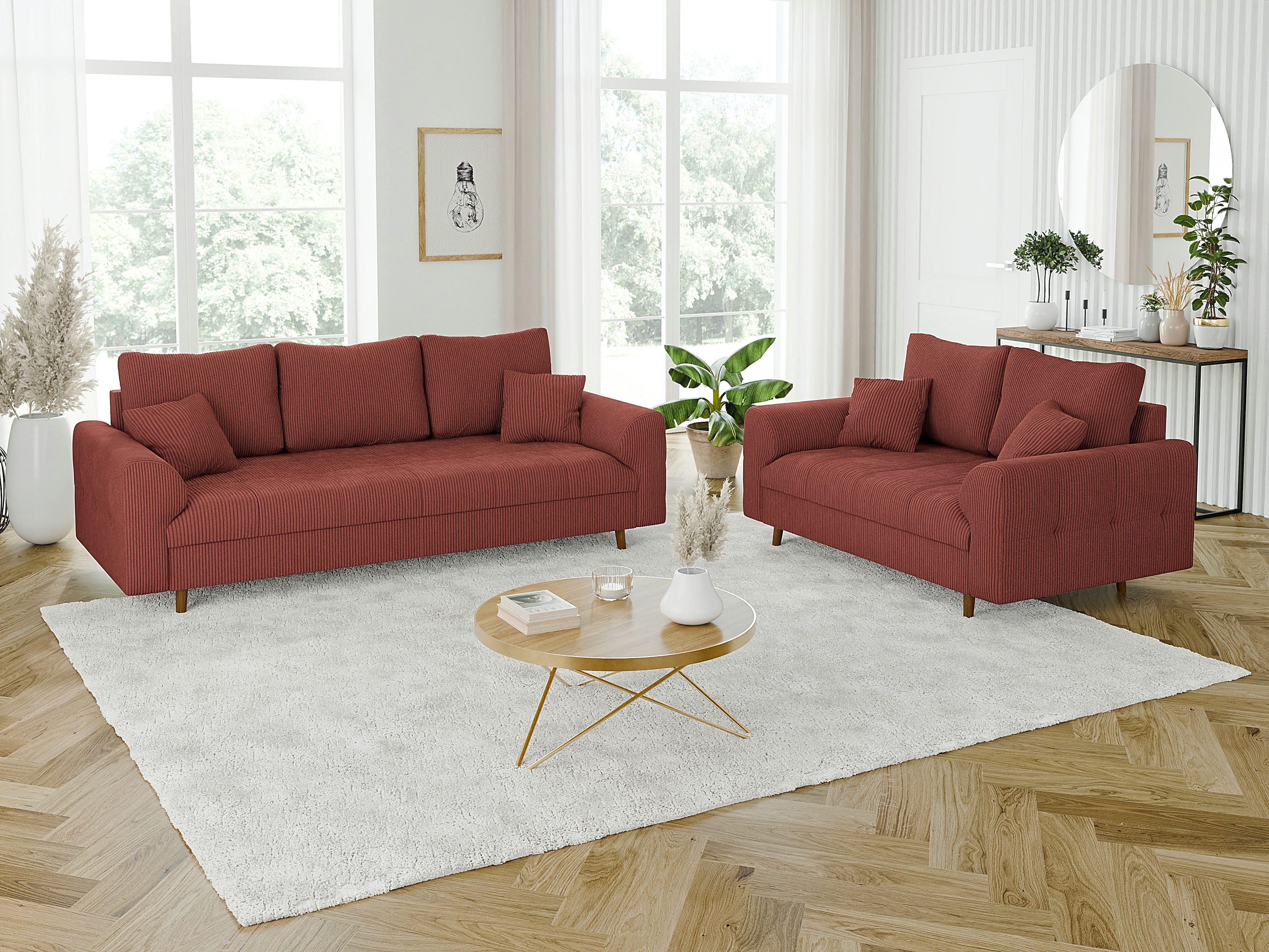 S-Style Möbel Polstergarnitur 3+2 Zara mit Braun Holzfüßen im skandinavischen Stil aus Cord-Stoff, (1x 2-Sitzer-Sofa, 1x 3-Sitzer-Sofa), mit Wellenfederung
