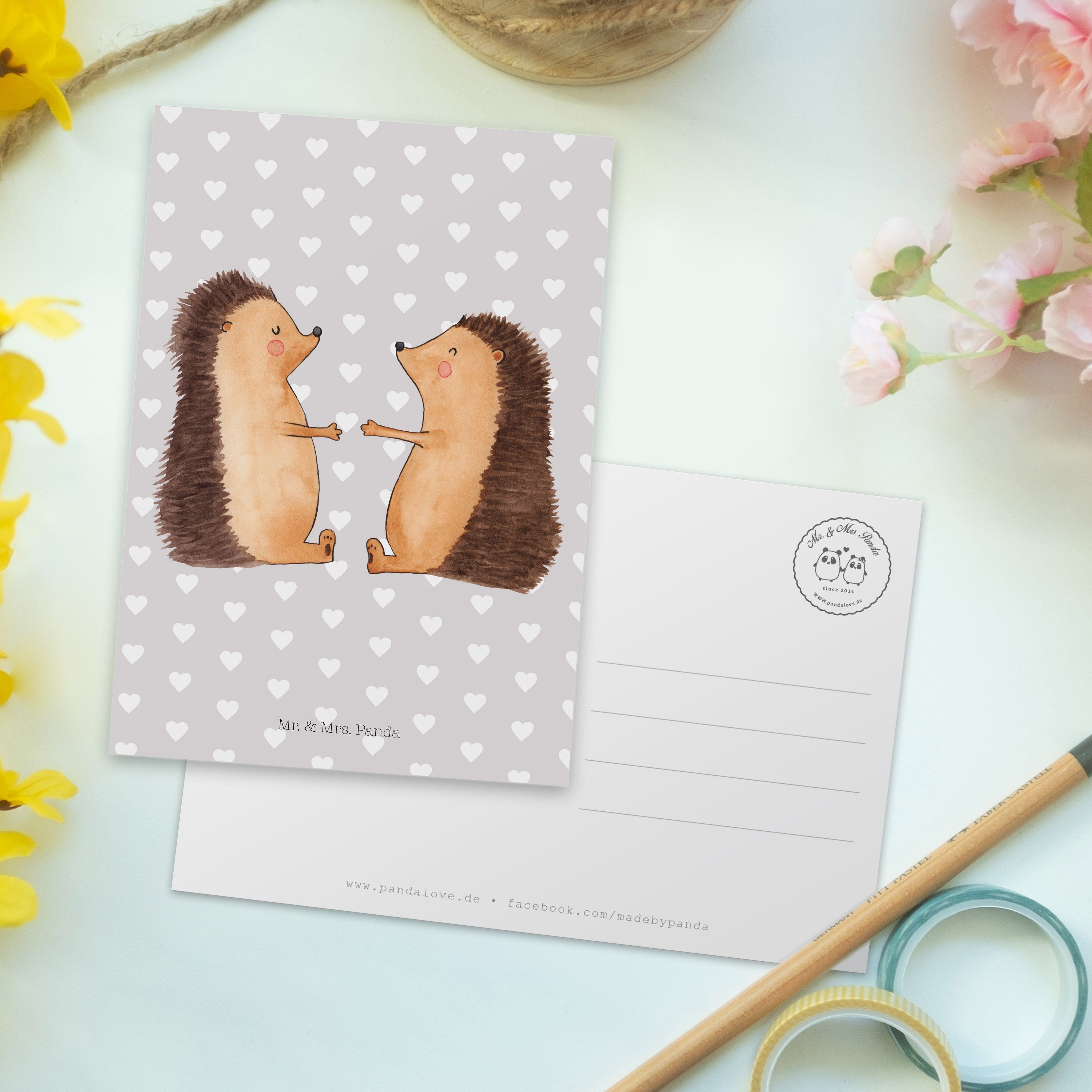 Geschenk, Mrs. Verlobung, Grau Pastell Mr. - Panda Postkarte Liebe & Dankeskart - Igel Heiraten,
