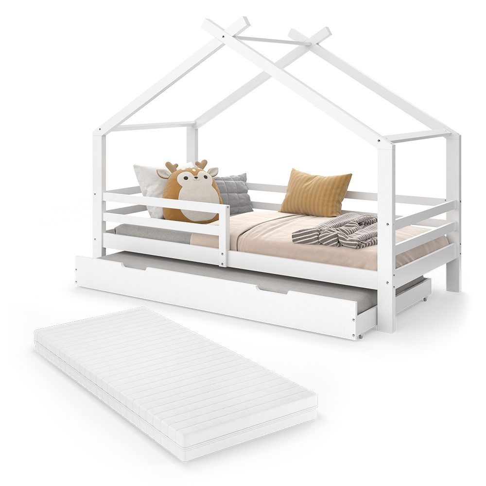 VitaliSpa® Luni House Bed, White, 200 x 90 cm with Guest Bed and Mattress (1-piece)