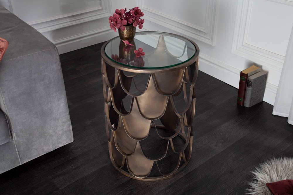 riess-ambiente Beistelltisch ABSTRACT Ø55cm antik messing / transparent (Einzelartikel, 1-St), Wohnzimmer · Glas · Metall · rund · Fischschuppen Design · Industrial