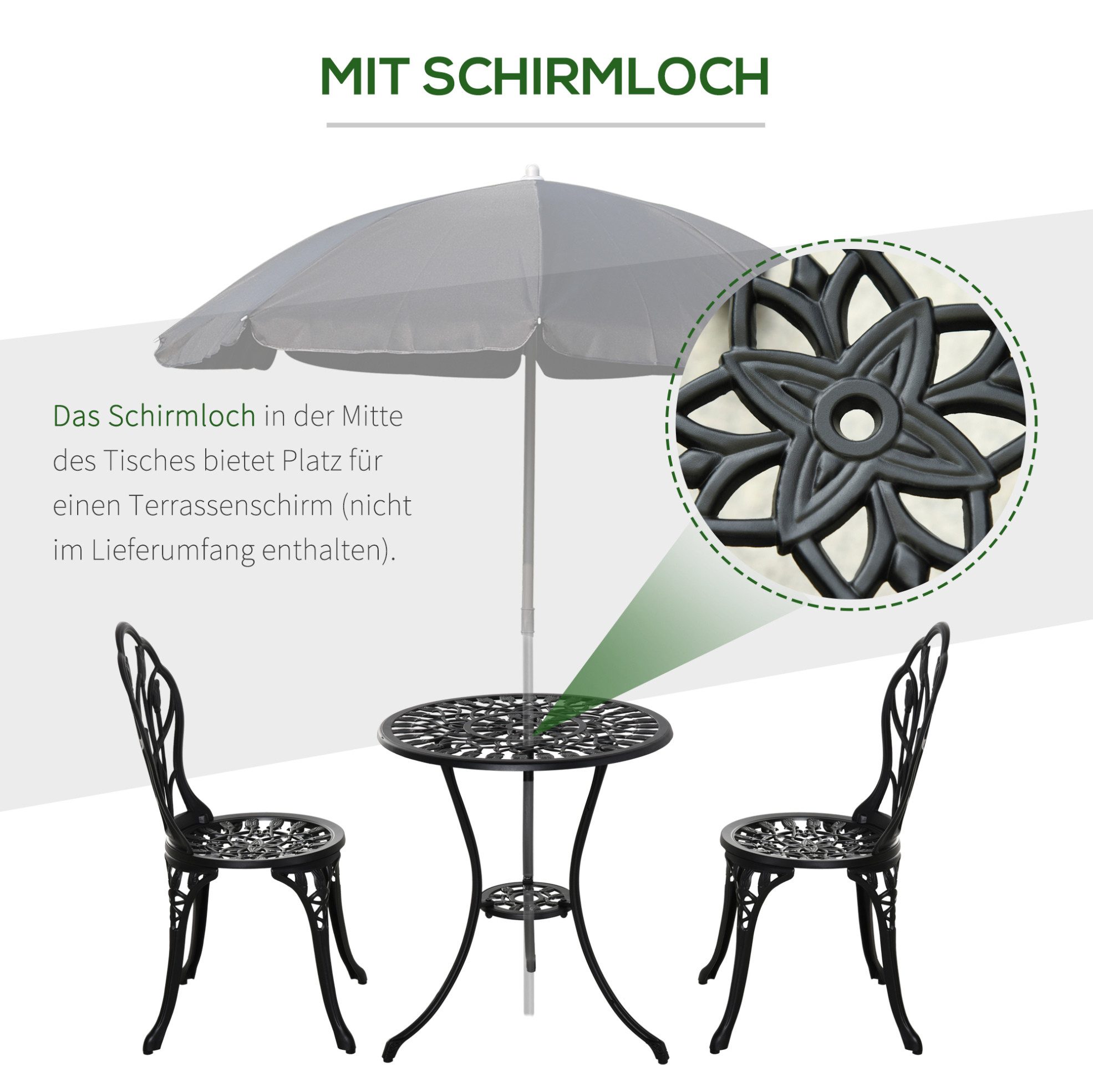 REDOM Sitzgruppe Ø60x67 cm für 2 Personen mit Tisch und 2 Stühlen, (Set, 3-tlg., Robustes Material für den Außenbereich, pflegeleicht), Essgruppe aus Aluminium in Schwarz, für Garten oder Balkon