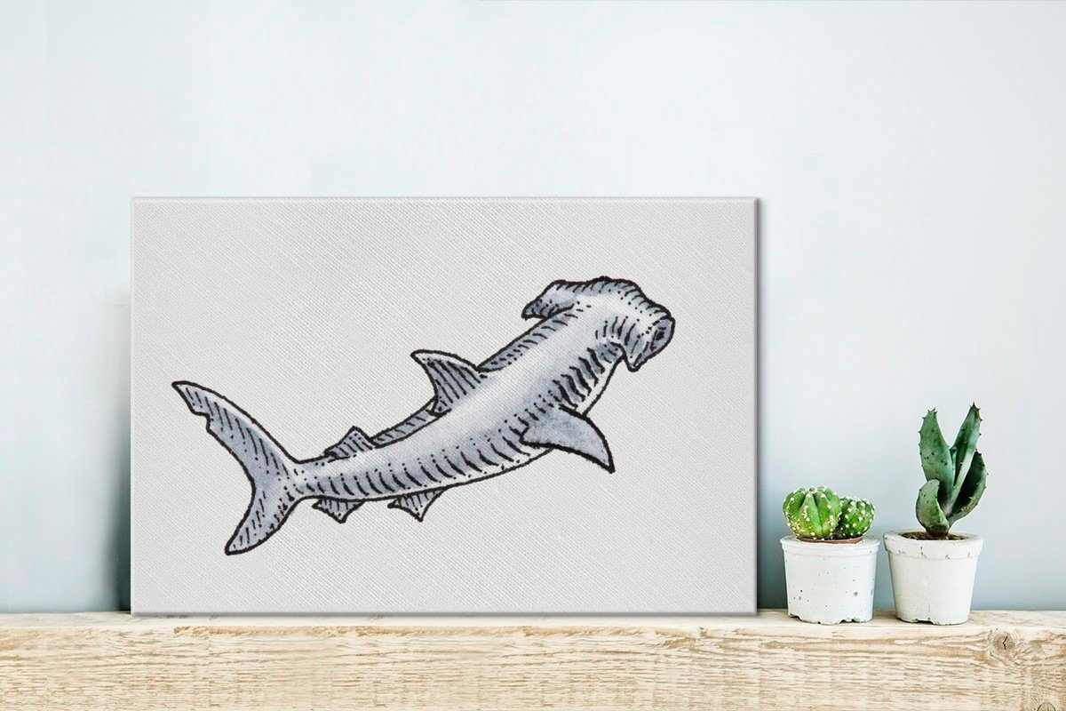 Aufhängefertig, St), (1 eines Hammerhais, Wanddeko, Wandbild Eine cm Leinwandbilder, 30x20 Leinwandbild Illustration OneMillionCanvasses®